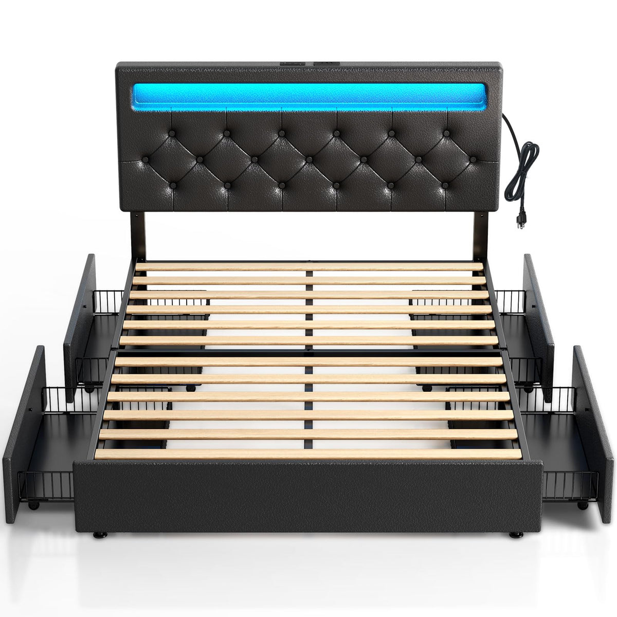 Rolanstar Queen Size Bed Frame With Led Lights And Usb Ports, Upholstered Pu Leather Bed With Adjustable Headboard And 4 Storage Drawers, No Box Spring Needed, Easy Assembly, Black