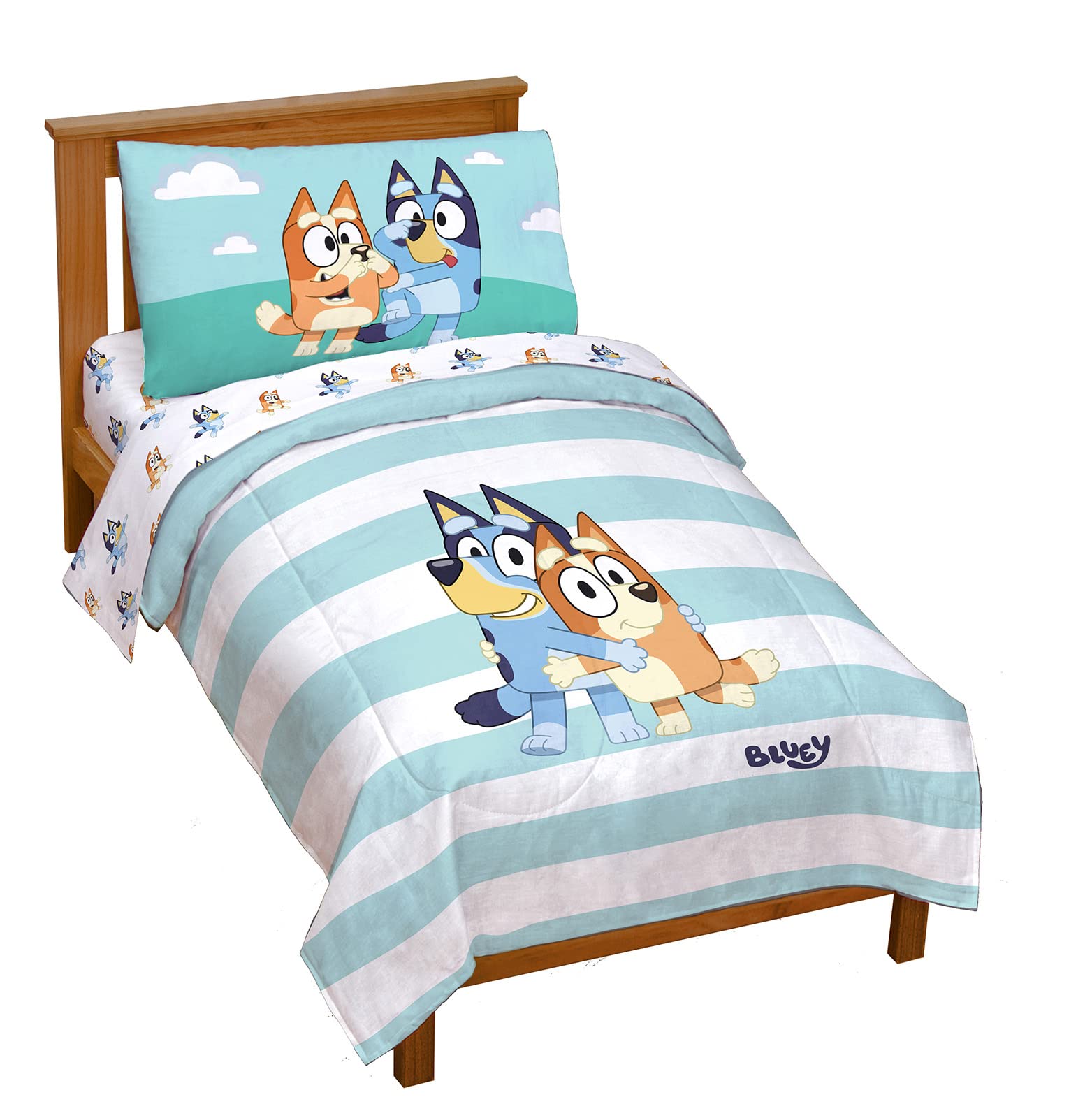 Jay Franco Bluey & Bingo 4 Piece Toddler Size Bed Set - Super Soft Microfiber Bed Set Includes Size Comforter & Sheet Set (Offic