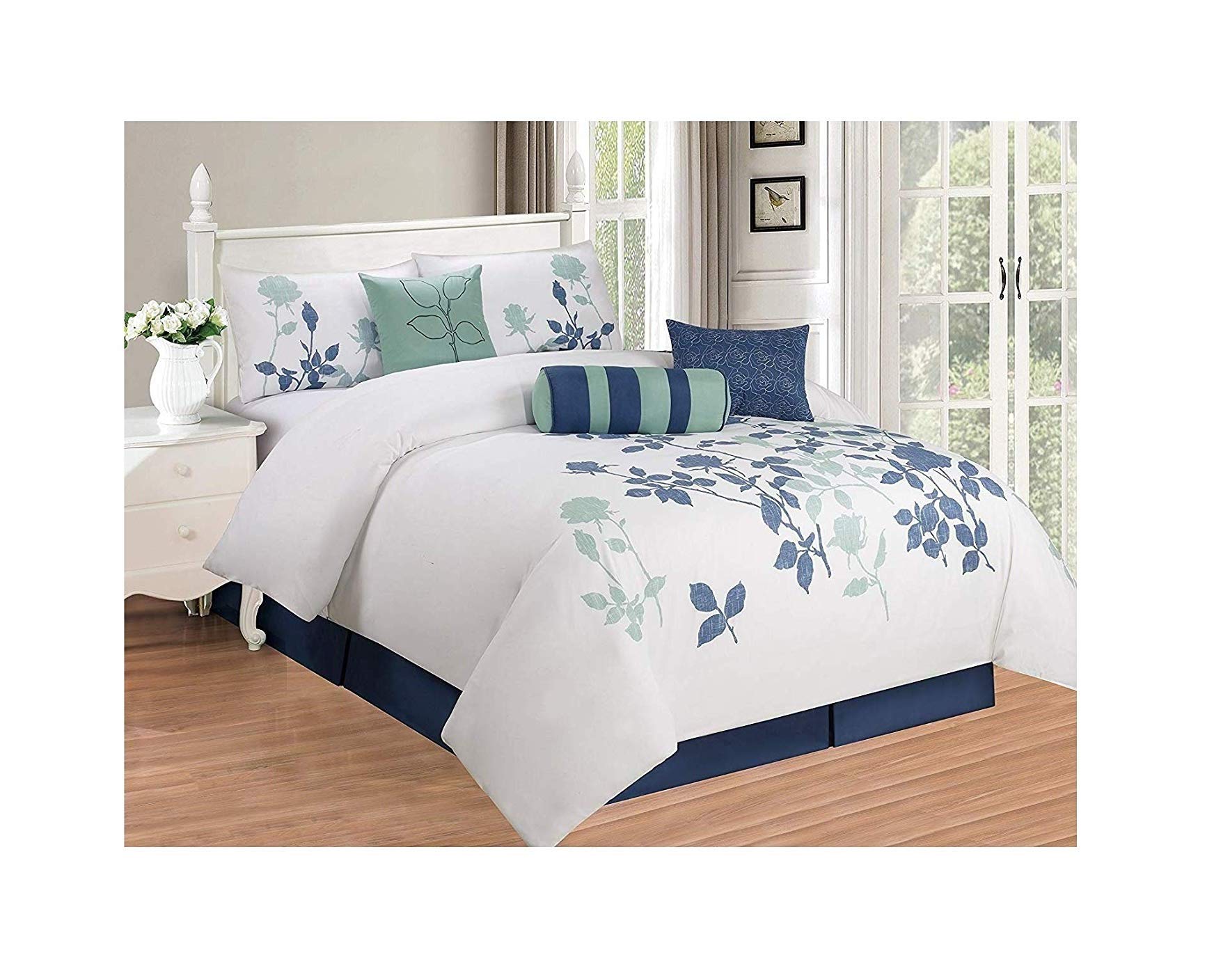 All American Collection New 7 Piece Embroidered OverSized Comforter Set (King, White/Blue)
