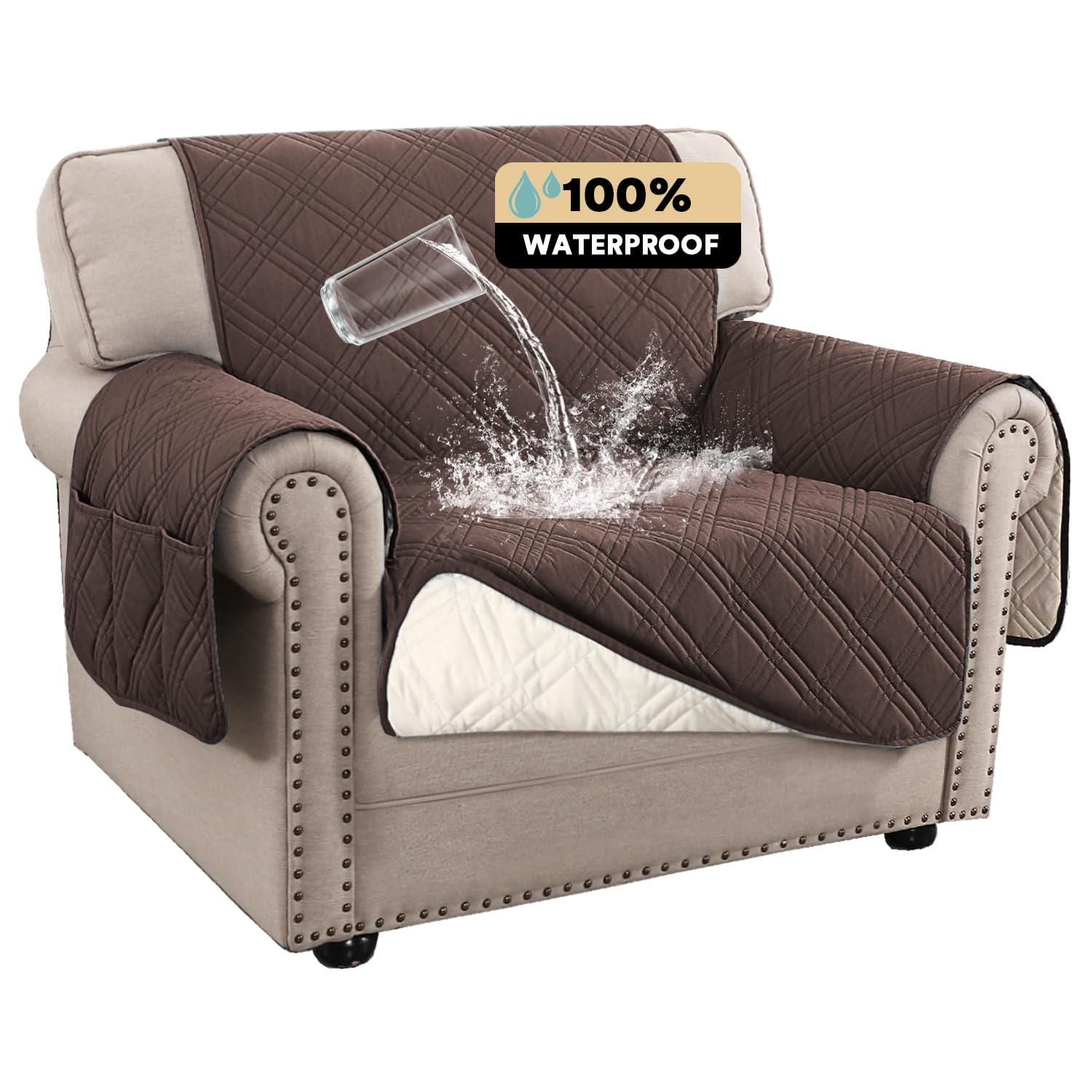 Princedeco 100% Waterproof Chair Sofa Slipcover For Living Room Water Resistant Couch Cover Furniture Protector Cover With Elastic Straps For Pets Kids Children Dog Cat(Chair 23', Brown)