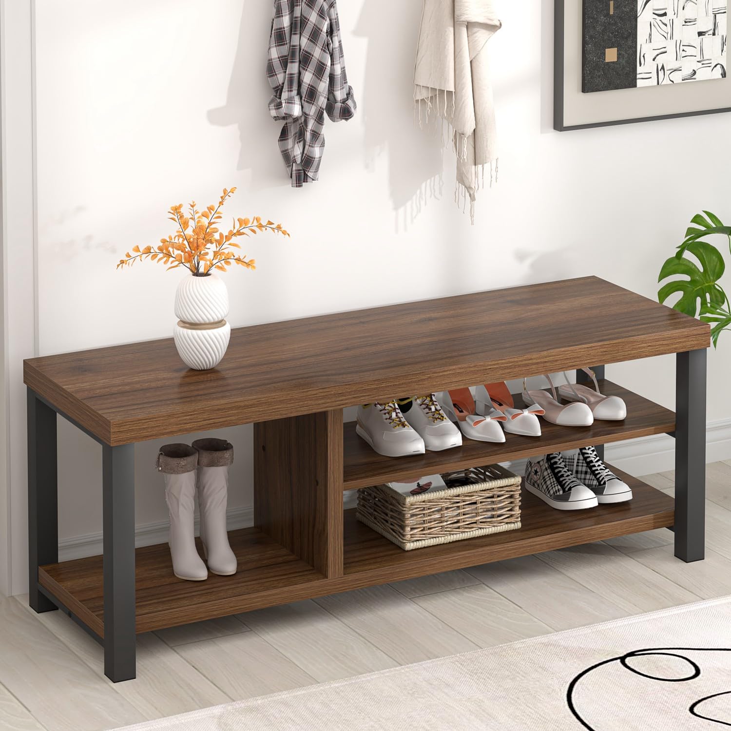 FOLUBAN Storage Bench, Modern Wood Shoe Bench for Entryway Hallway, Industrial Indoor Shoe Rack Bench Seat for Bedroom, Living R