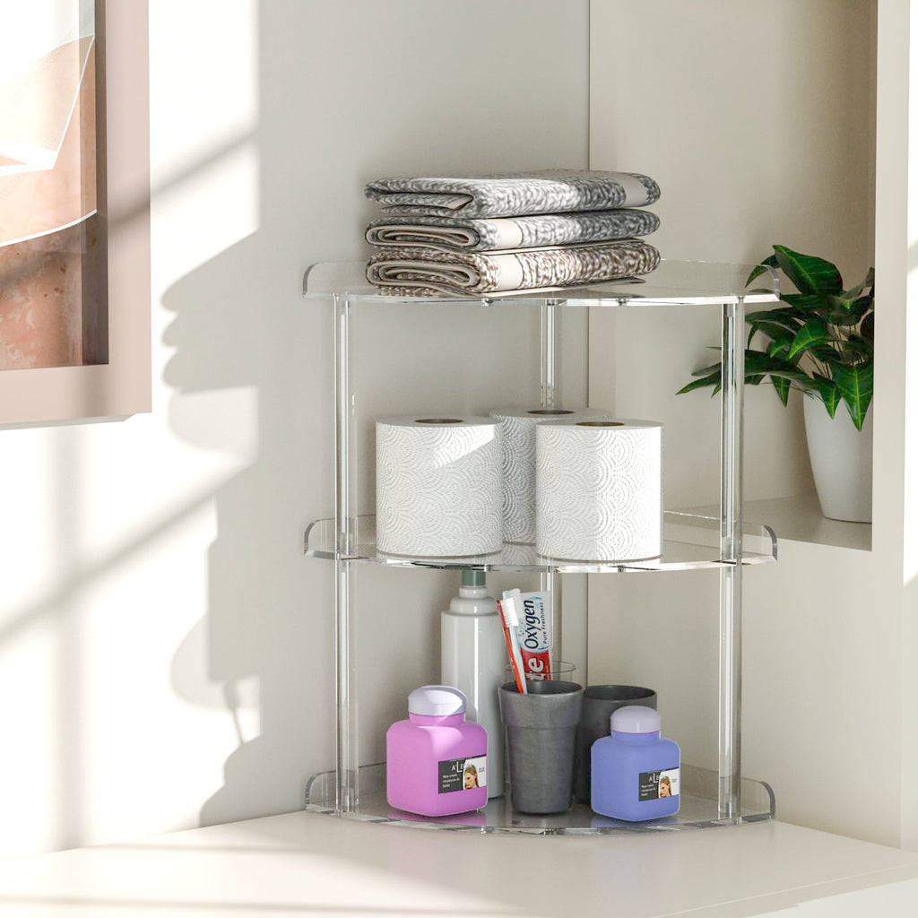 Sezanrpt 3 Tier Acrylic Corner Shelf Organizer Storage 9.5X9.5X15.7 Inch, Transparent Countertop Corner Shelf For Bathroom, Kitchen, Bedroom, Office, Study Room