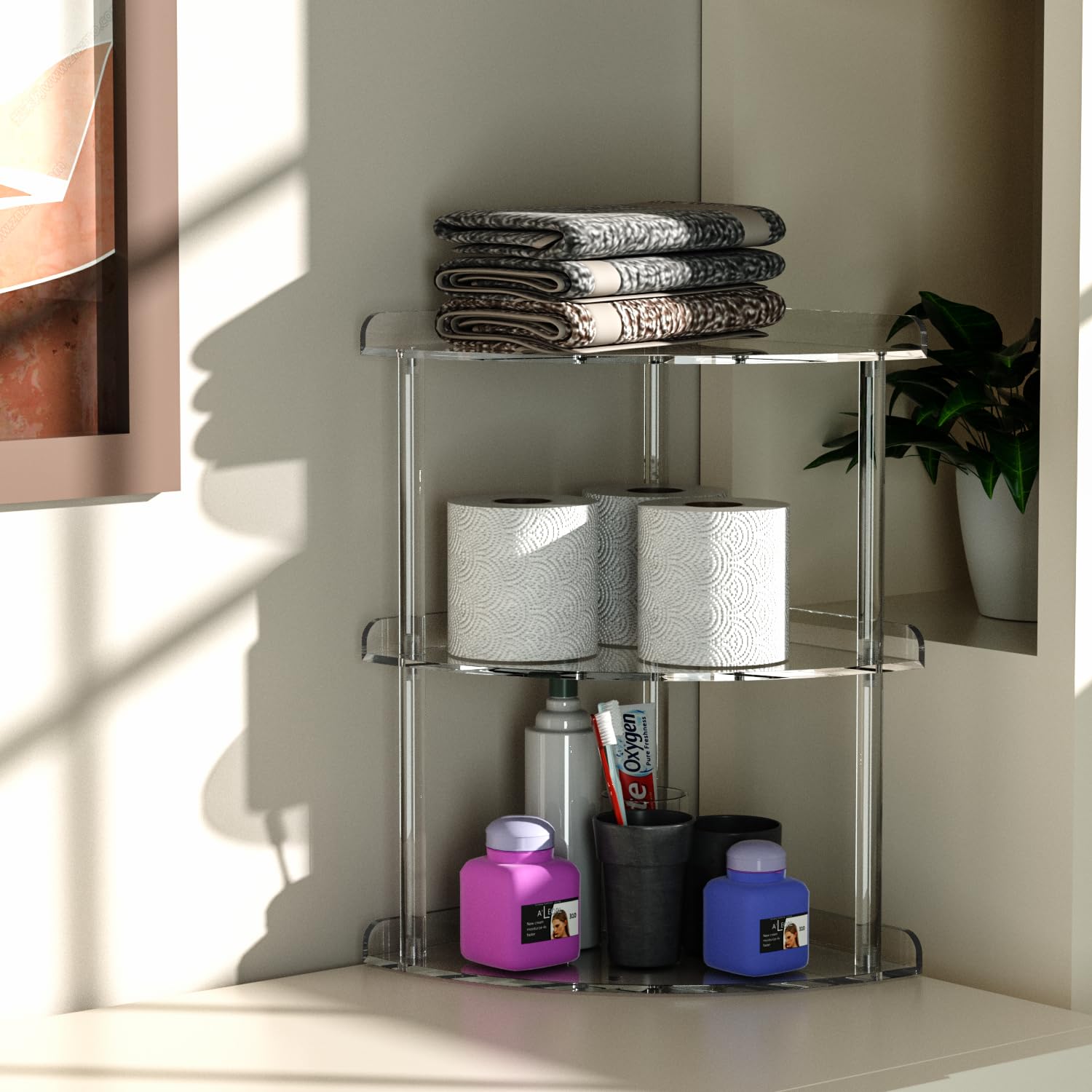 Sezanrpt 3 Tier Acrylic Corner Shelf Organizer Storage 9.5X9.5X15.7 Inch, Transparent Countertop Corner Shelf For Bathroom, Kitchen, Bedroom, Office, Study Room