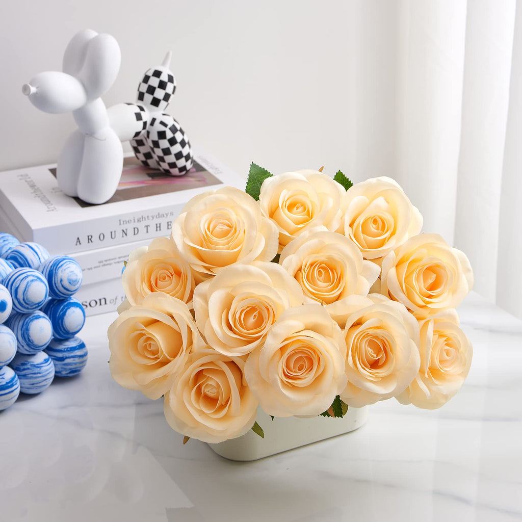 Helera 12Pcs Champagne Roses Artificial Silk Flowers Faux Flowers With Long Stems For Wedding Decor Home Decor Baby Shower Party