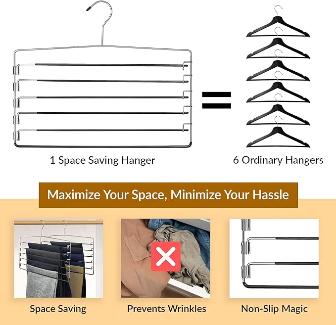 6-Tier Swing-Arm Pants Hanger with Foam Padding, Removable Arms