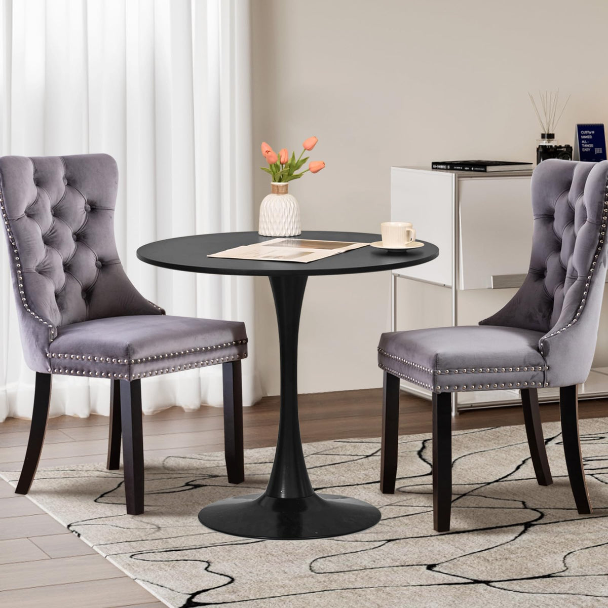 Soartalent 3-Pieces 31.5' Round Dining Table Set For 2, Black Dining Table & 2 Velvet Upholstered Dining Chairs For Kitchen Din