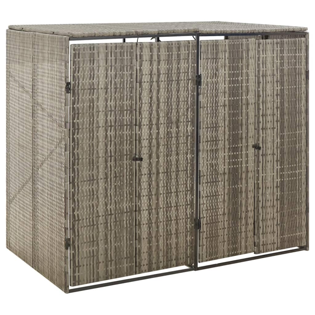 vidaXL Double Wheelie Bin Shed in Gray Poly Rattan - Durable and Weather, Lockable Outdoor Bin Storage with Easy Access Lid, Pow