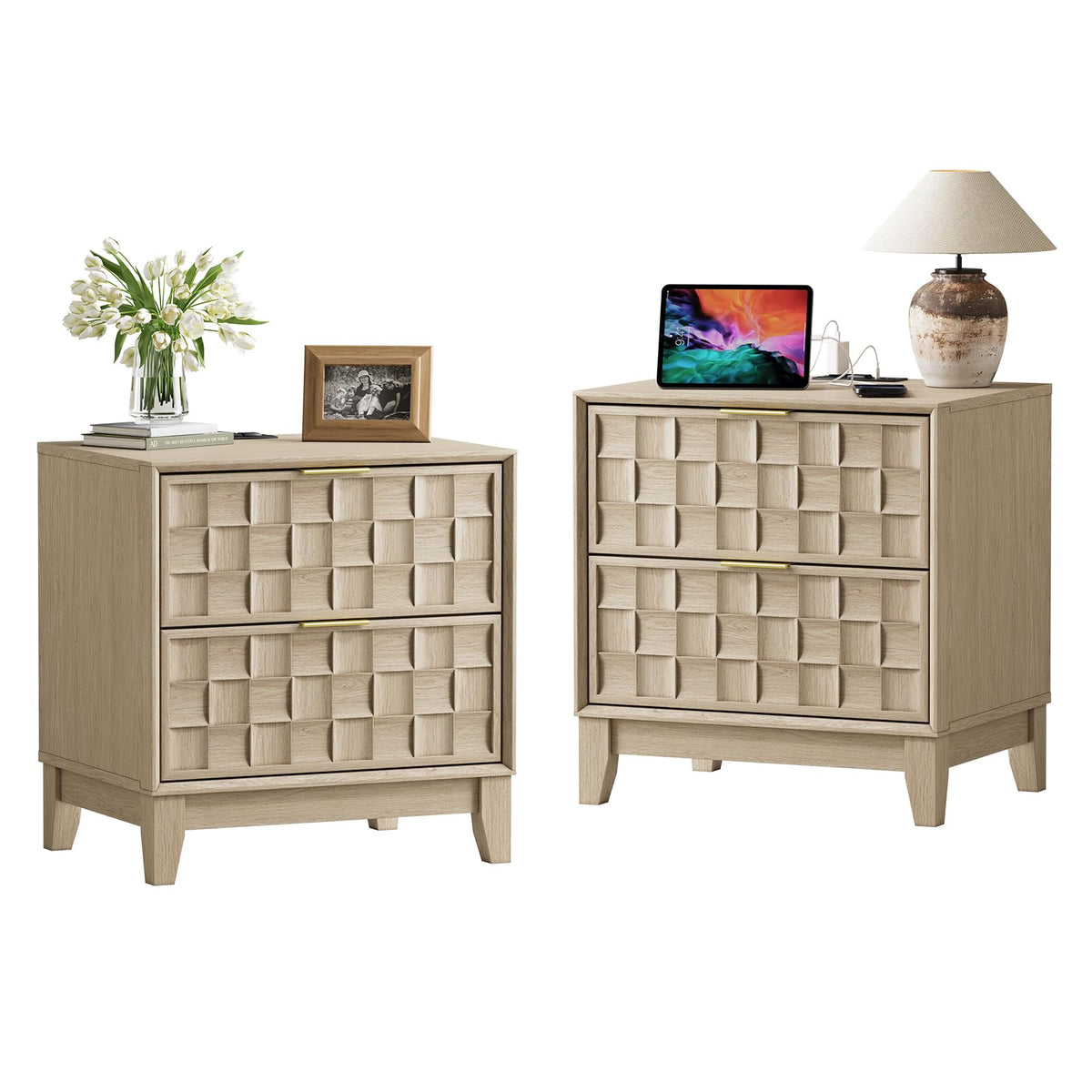 COLAMY Night Stand Set of 2, Nightstand with Charging Station, 22 Modern Bed Side Table with 2 Storage Drawers and Chessboard Re