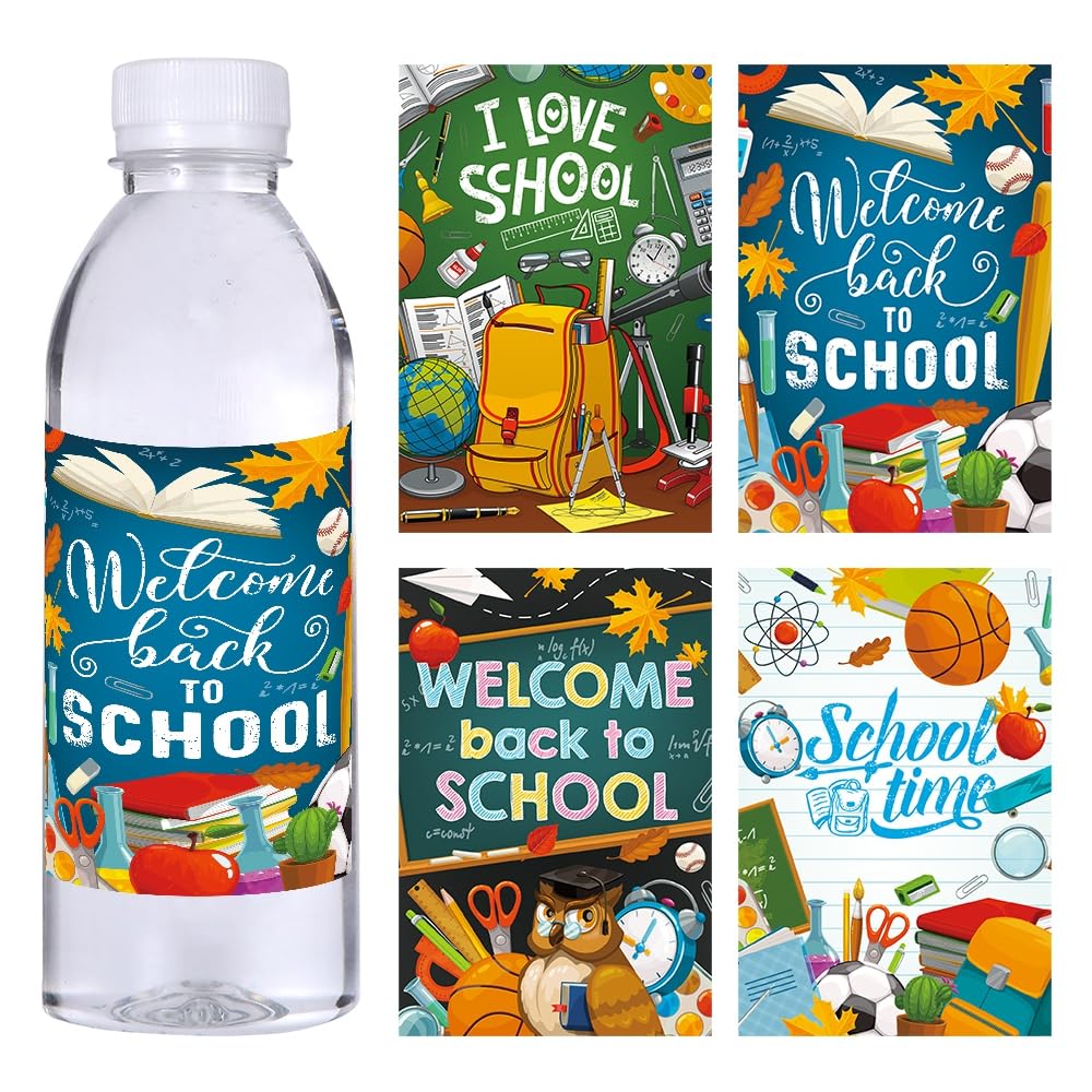 Welcome Back To School Water Bottle Label Stickers 16Pcs Beverage Bottle Cover Decorations I Love School Mineral Water Bottle Co