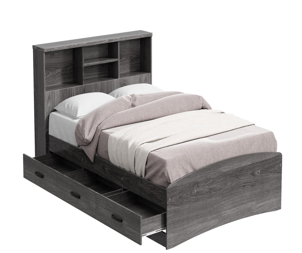 Captain Paltform Bed with 3 Drawers and Bookcase Headboard (Grey, Twin)