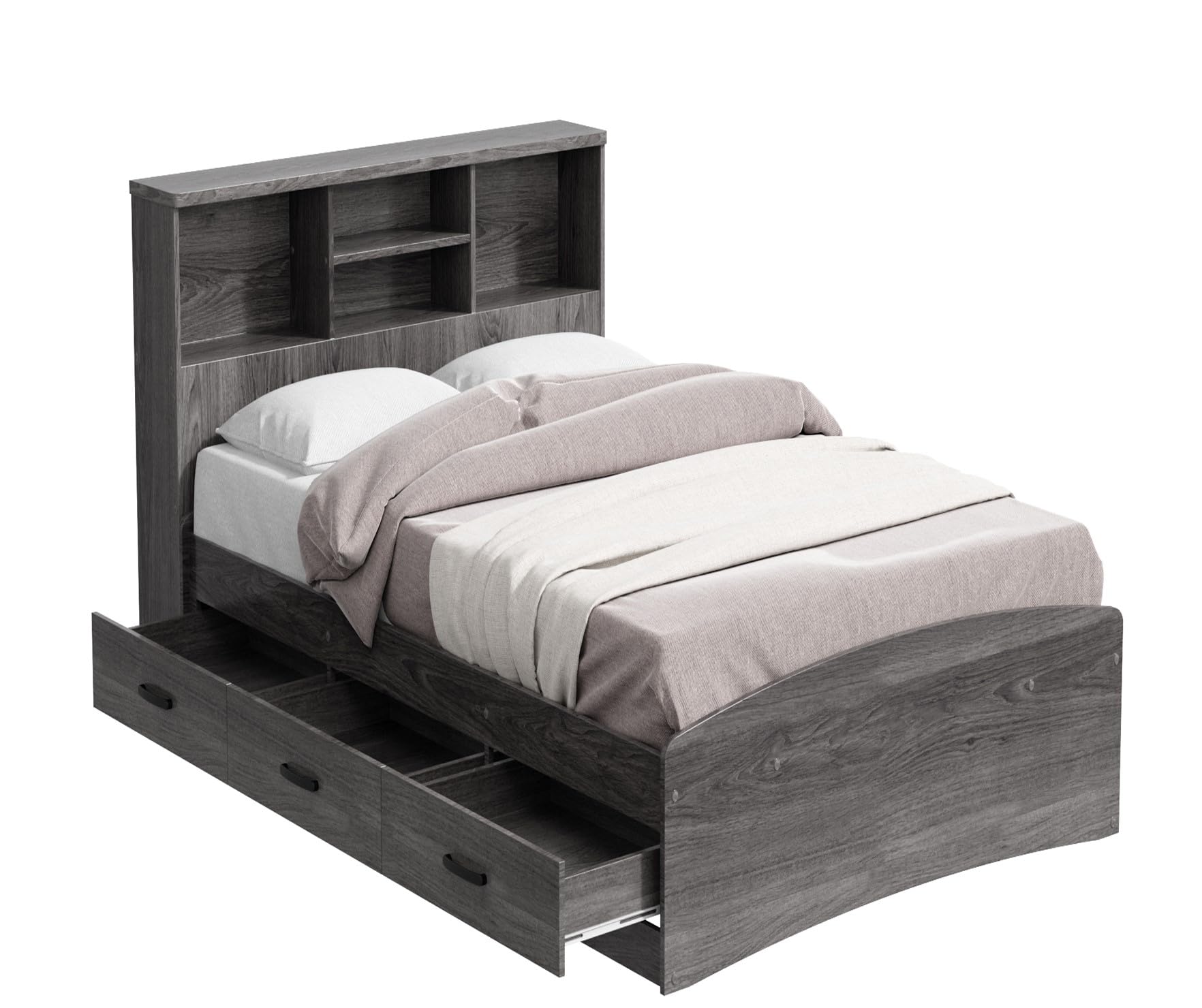 Captain Paltform Bed with 3 Drawers and Bookcase Headboard (Grey, Twin)