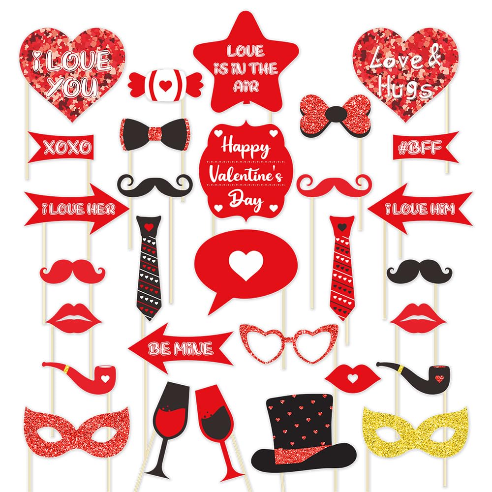 30 Pcs Valentines Day Photo Booth Props Funny Selfie Props for Valentines Day Mustache Kiss Lips Love Heart Masquerade Photo Pro