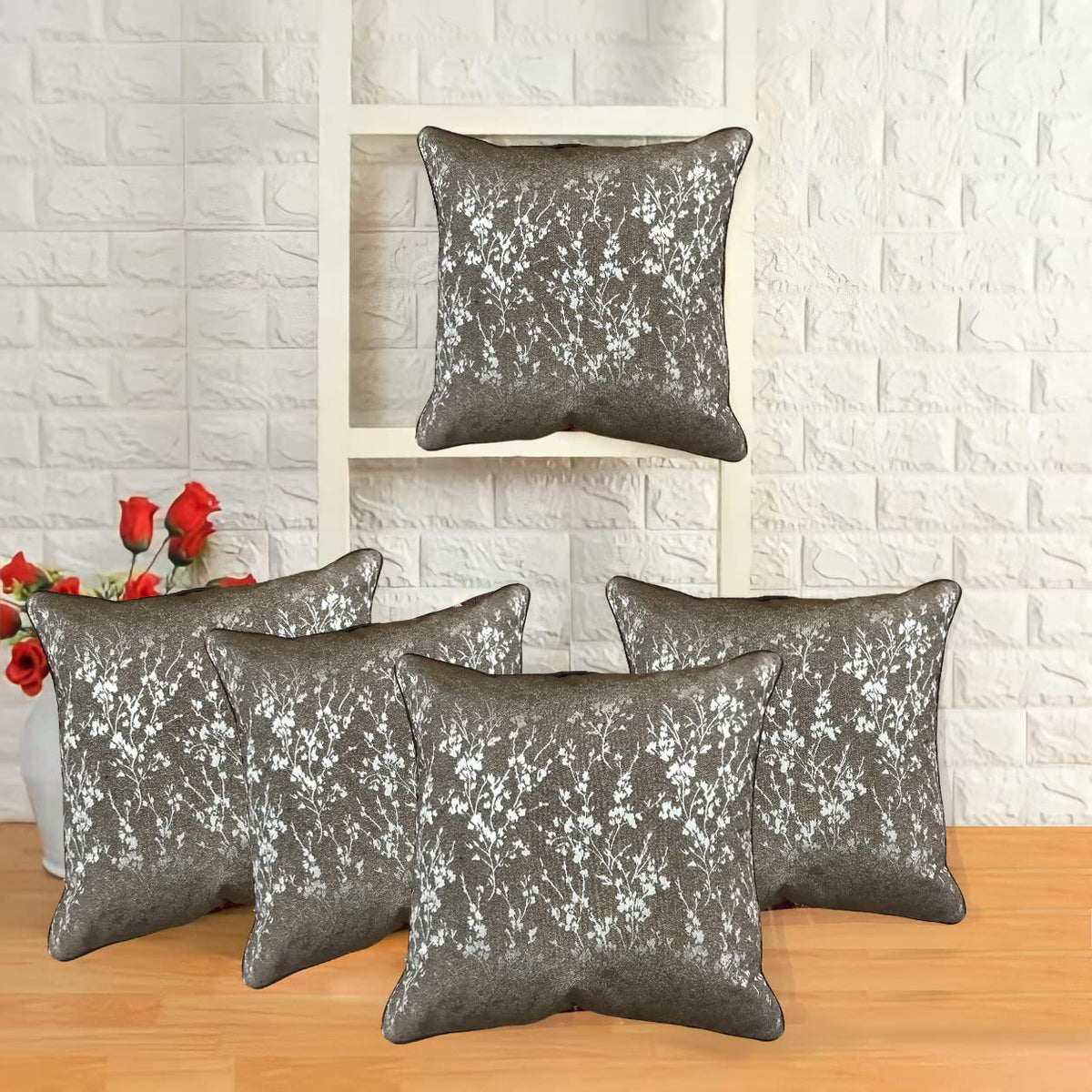 Im Fab Jewel Cotton Jacquard Fabric Decorative Throw Cushion Cover 24X24 Set Of 5 Pcs (Coffee/Brown)