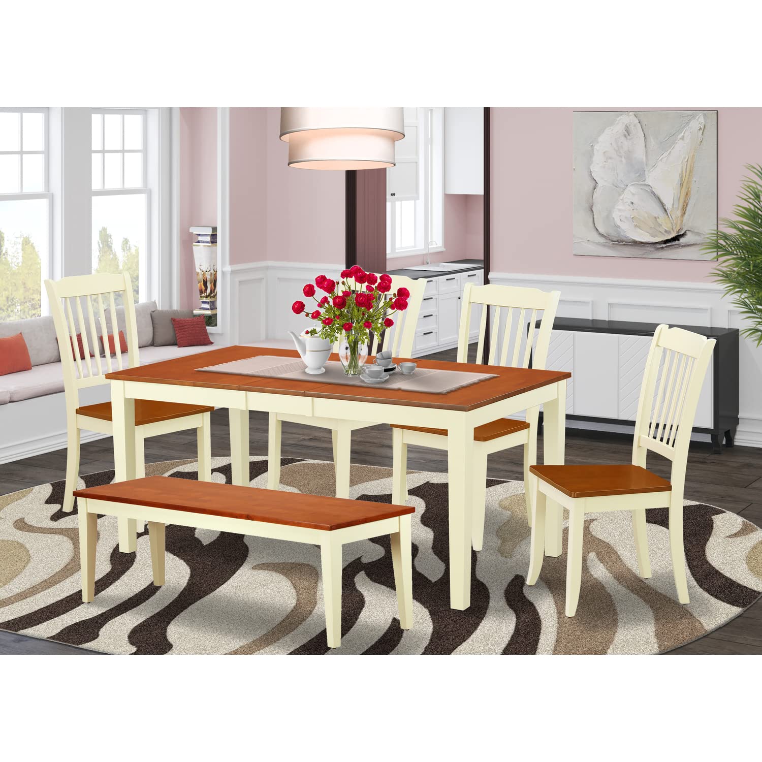 East West Furniture Nida6N-Bmk-W 6Pc Rectangle 54/66&Quot; Table With 12 In Self Storing Butterfly Leaf And 4 Wood Seat Chairs Plus 1 Bench