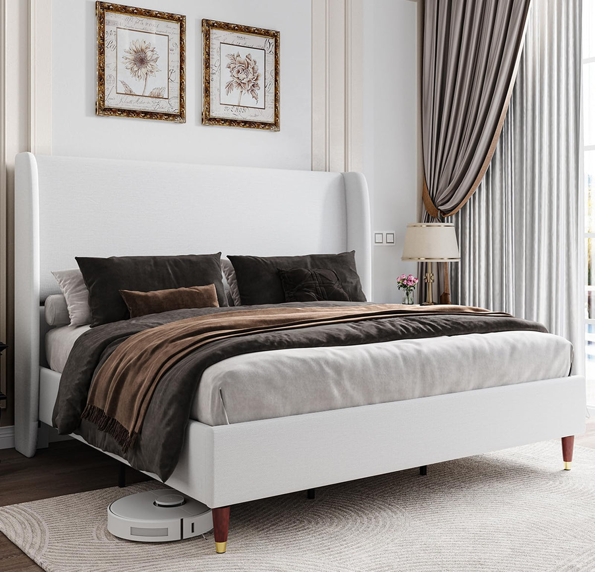 Jocisland King Bed Frame Upholstered Bed Frame and Wingback Headboard/Wood Slat Support/No Box Spring Needed/Easy Assembly/White