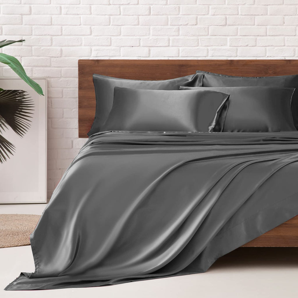 Mr&Hm Satin Bed Sheets, Full Size Sheets Set, 6 Pcs Silky Bedding Set With 15 Inches Deep Pocket For Mattress(Full, Dark Grey)