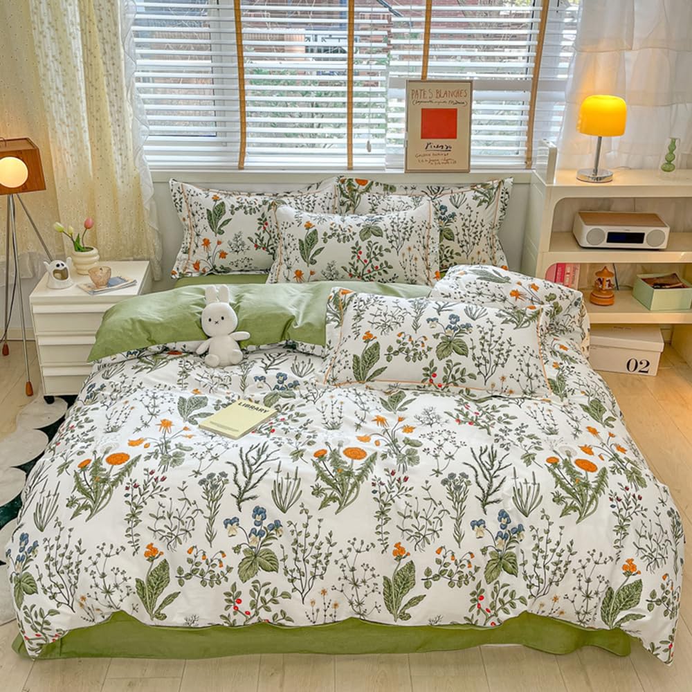 Clothknow Green White Comforter Set King 3Pcs Boho Comforter Floral Bedding Comforter Sets Sage Green Comforter Botanical King S