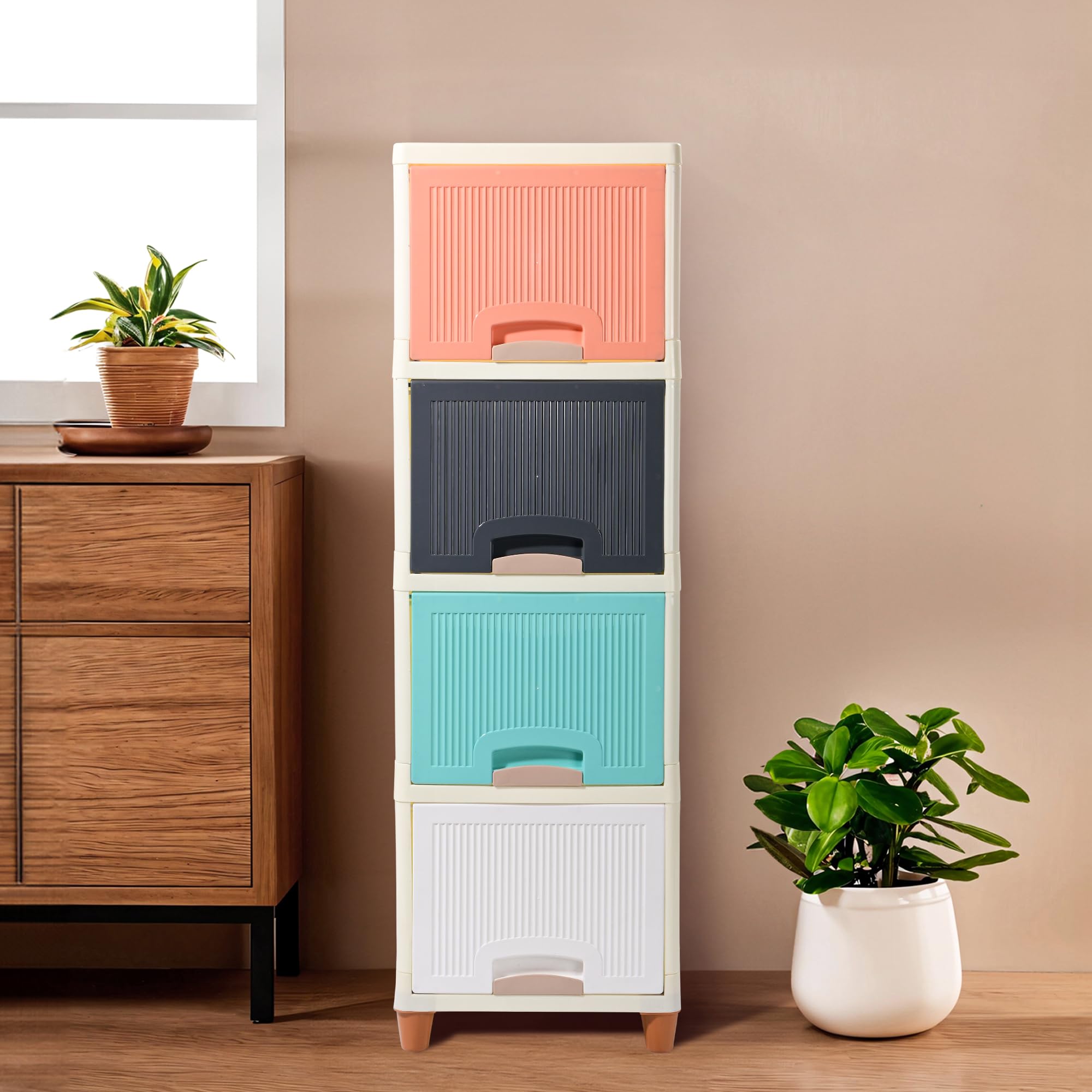Kuber Industries 4 Units Cupboard For Storage Organizer | Foldable Wardrobe Rack For Clothes, Books & Toys | Stackable Kitchen C