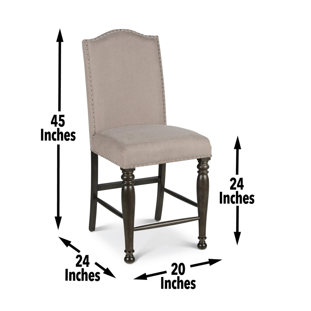 Steve Silver Co Caswell Counter Chair, Set of 2 Chairs, Nailhead Trim, Contemporary Design, Shield Back, Dining Room, Ktichen, Bar, Counter Island, Rubberwood, 100% Polyester, 20"D x 24"W x 45"H, Gray
