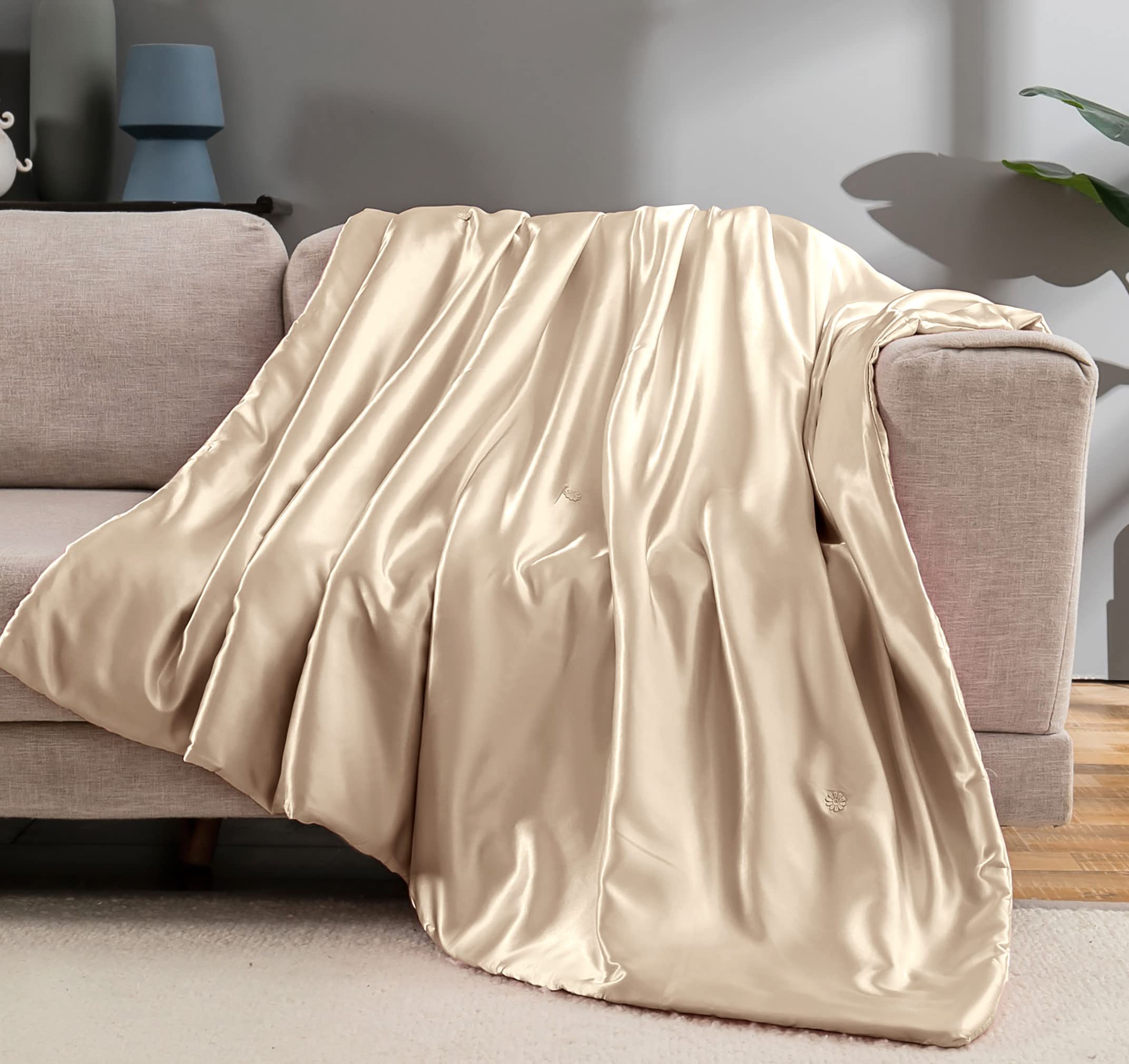 Vonty Satin Throw Blanket Taupe Satin Blankets 90X90 Inches(With Small Flowers), Cooling & Silky Throw Blanket Wrinkle-Free Cabl