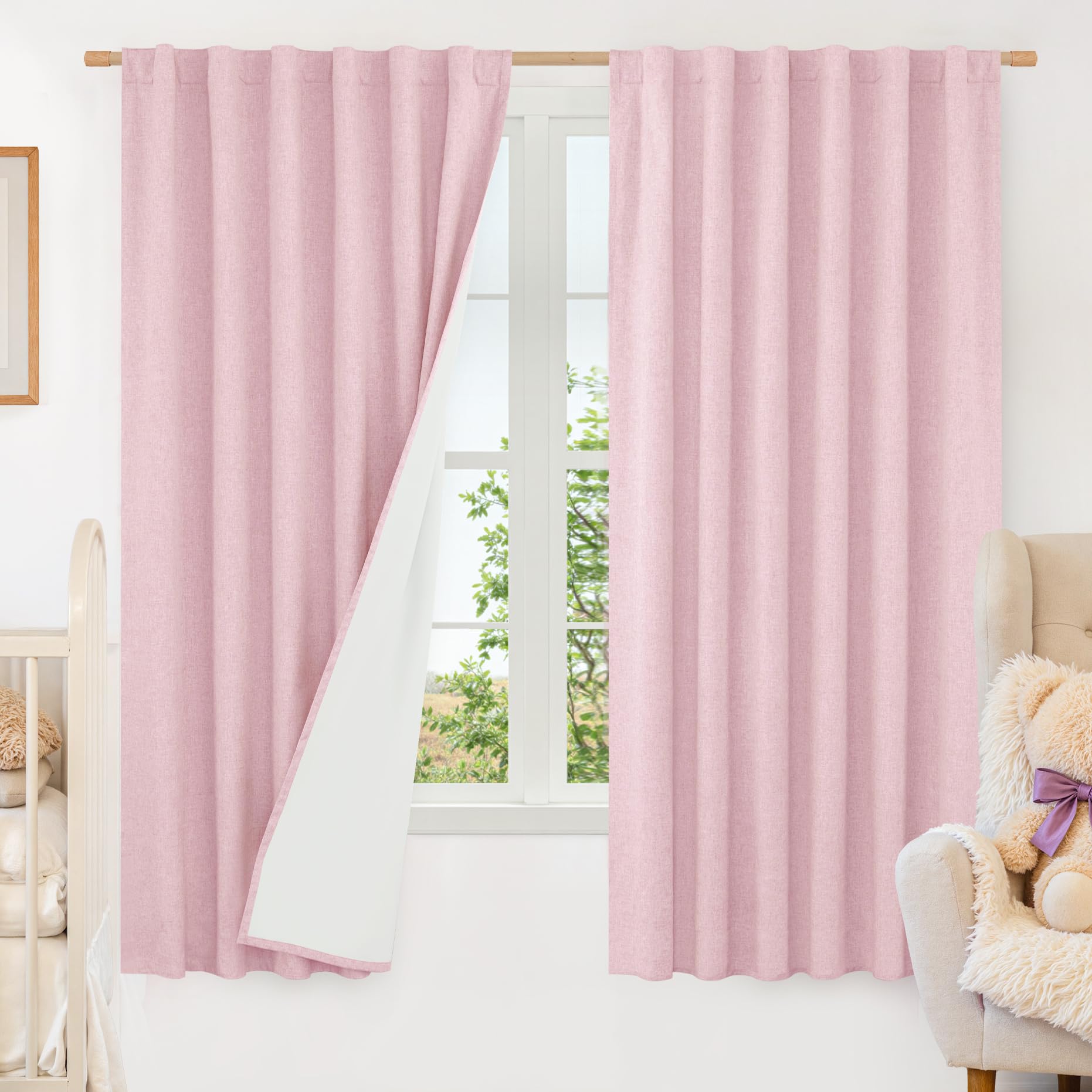 LAMIT 100% Blackout Pink Linen Curtains, 63 Inches Linen Textured Thermal Bedroom Curtains Back Tab and Rod Pocket Neutral Panel
