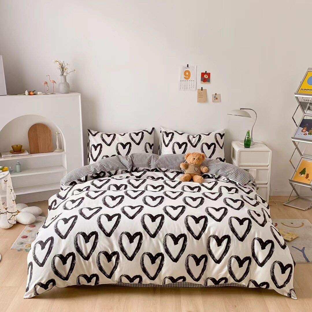 Houseri Love Duvet Cover Queen Heart Shaped Bedding Sets Full White And Black Duvet Cover Cotton For Women Men Boys Girls Teens