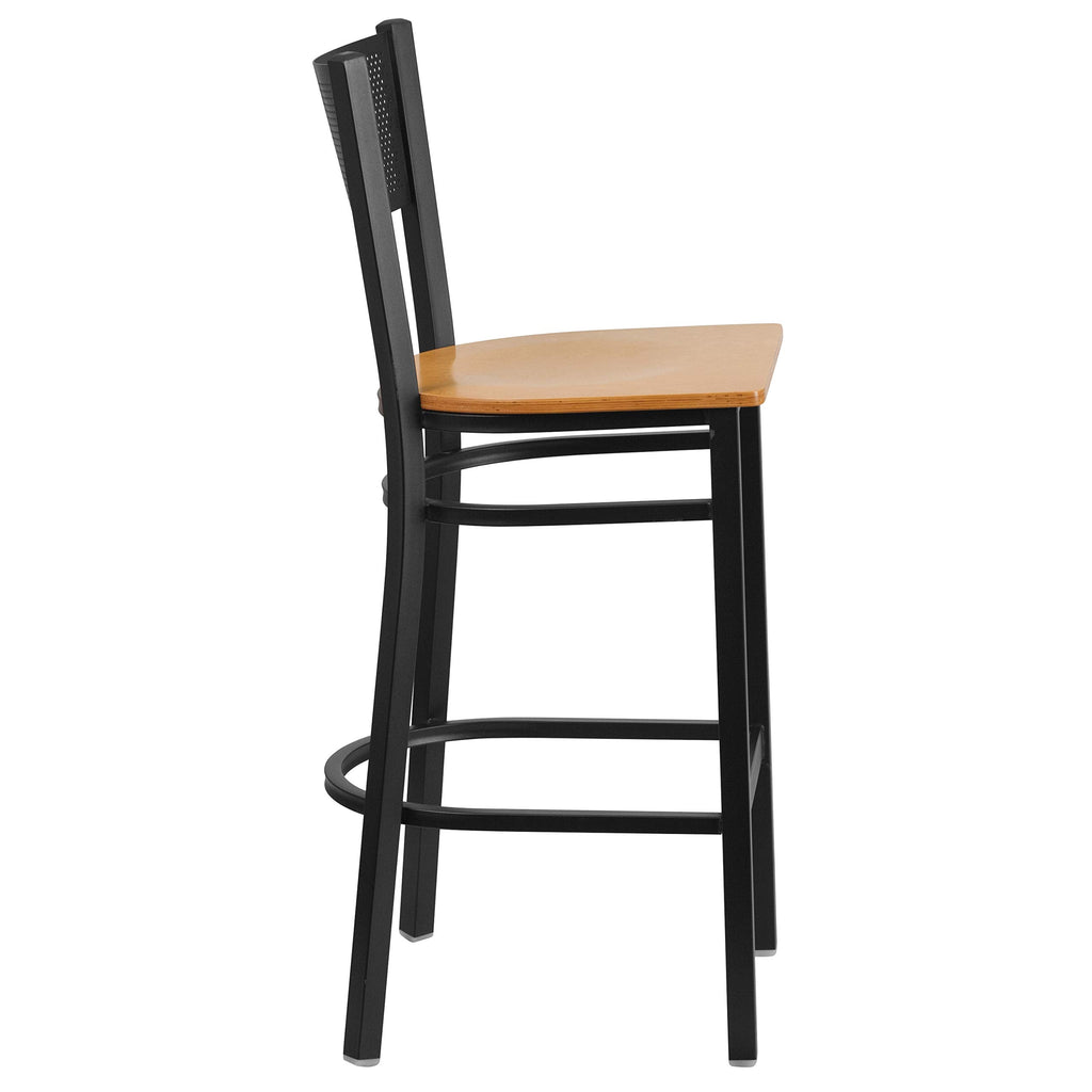 Flash Furniture HERCULES Series Black Grid Back Metal Restaurant Barstool - Natural Wood Seat