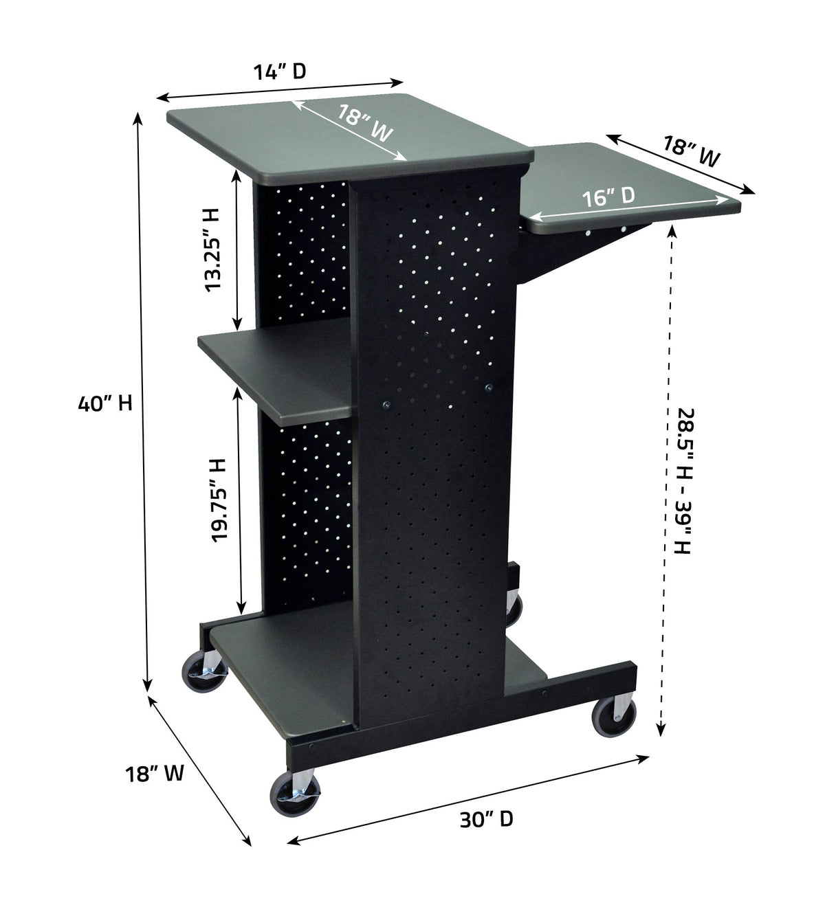 LUXOR PS4000 40" Mobile Presenters Station, with Four Rolling Casters with Two Locking Brakes, for Office and Classroom Presentation Needs