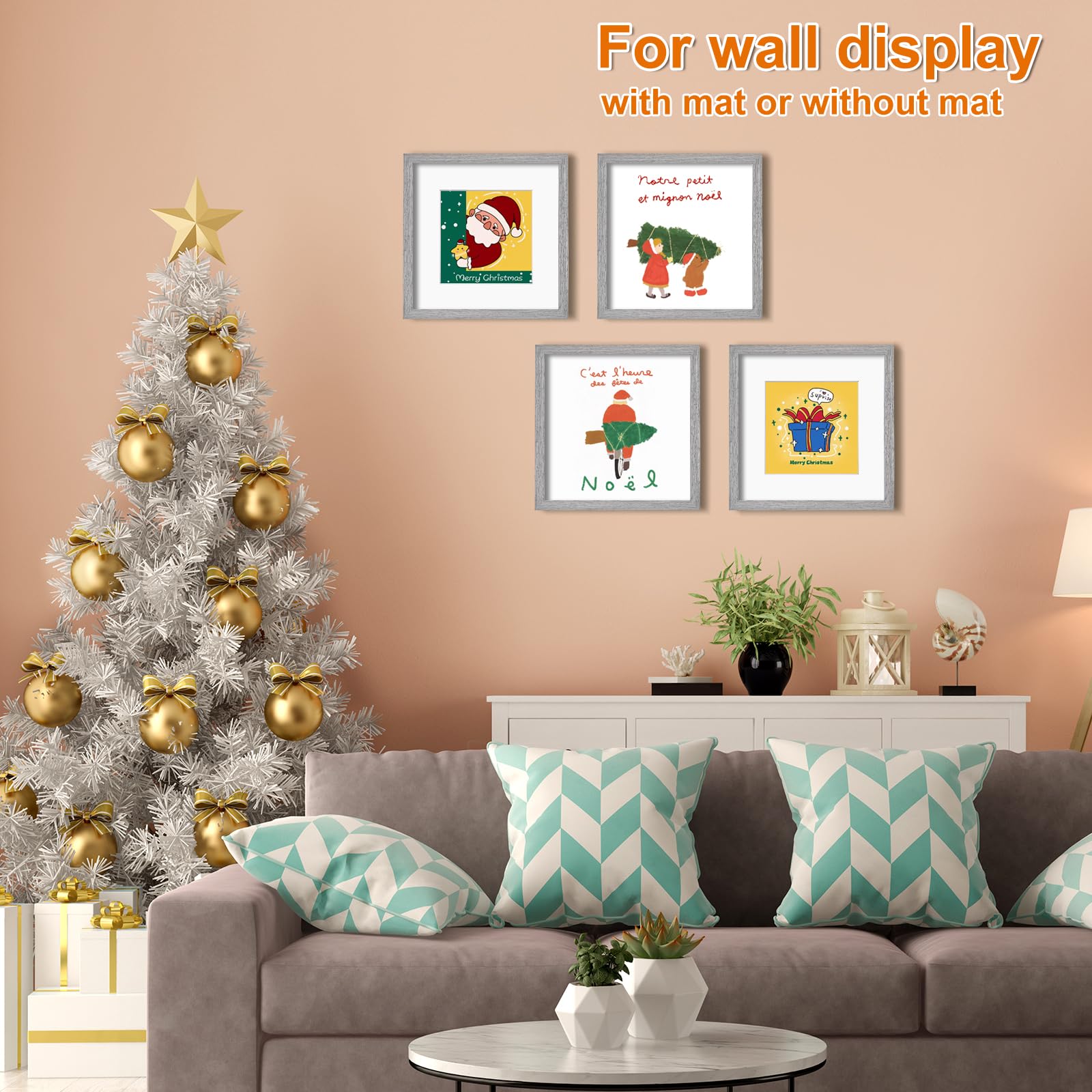 Kinlink Square 12X12 Picture Frames Grey, Solid Wood Frames With Acrylic Plexiglass For Pictures 8X8 With Mat Wall Mounting Disp