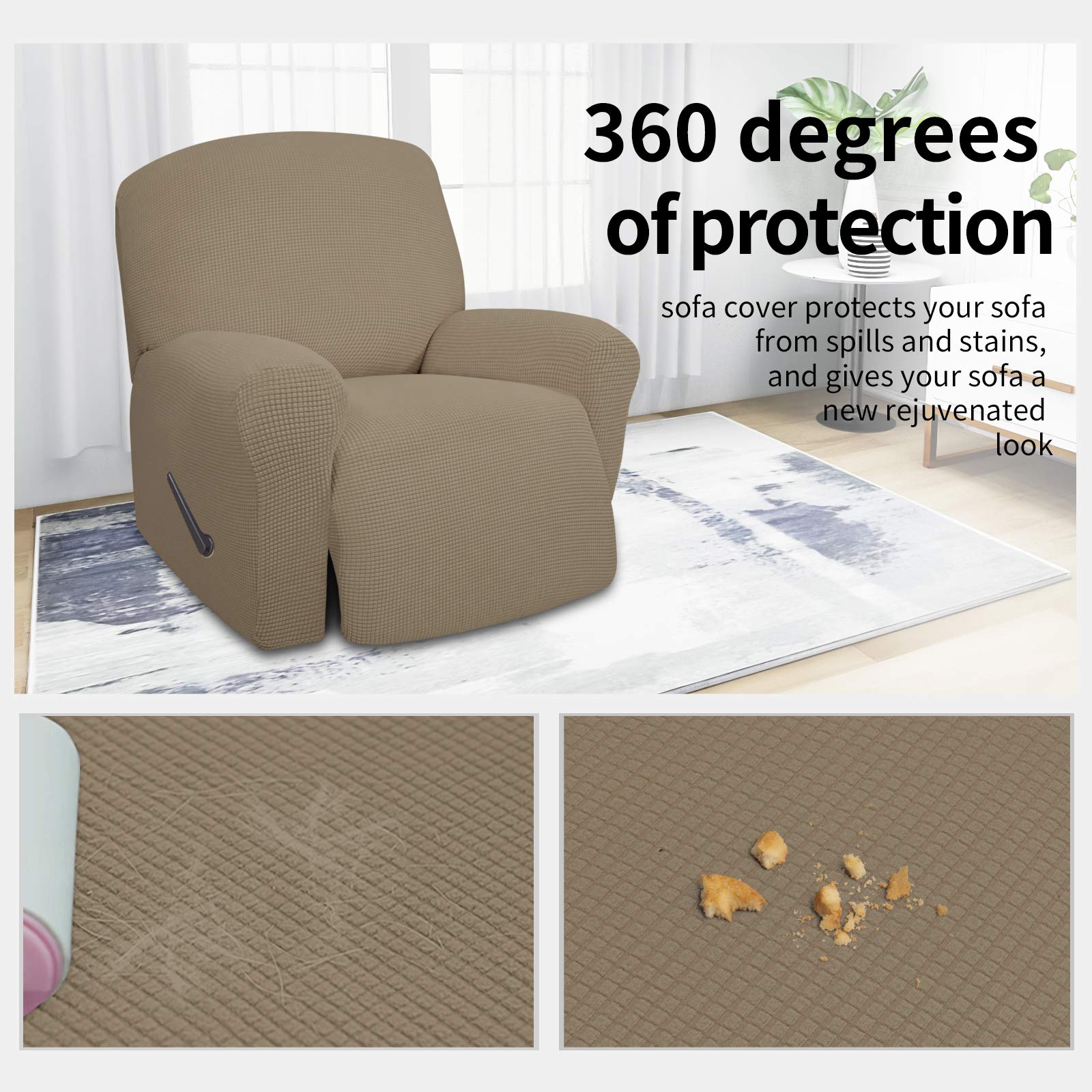 Easy-Going 4 Pieces Oversized Recliner Stretch Sofa Slipcover Sofa Cover Furniture Protector Couch Soft With Elastic Bottom Polyester Spandex Jacquard Fabric Small Checks Natural