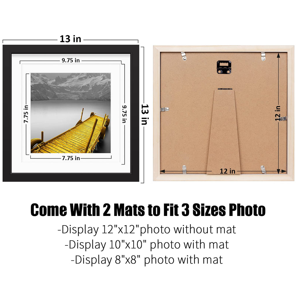 12X12 Picture Frames Black Solid Wood Display Pictures 10X10 Or 8X8 With Mat Or 12X12 Without Mat - 12X12 Inch Square Photo Fram