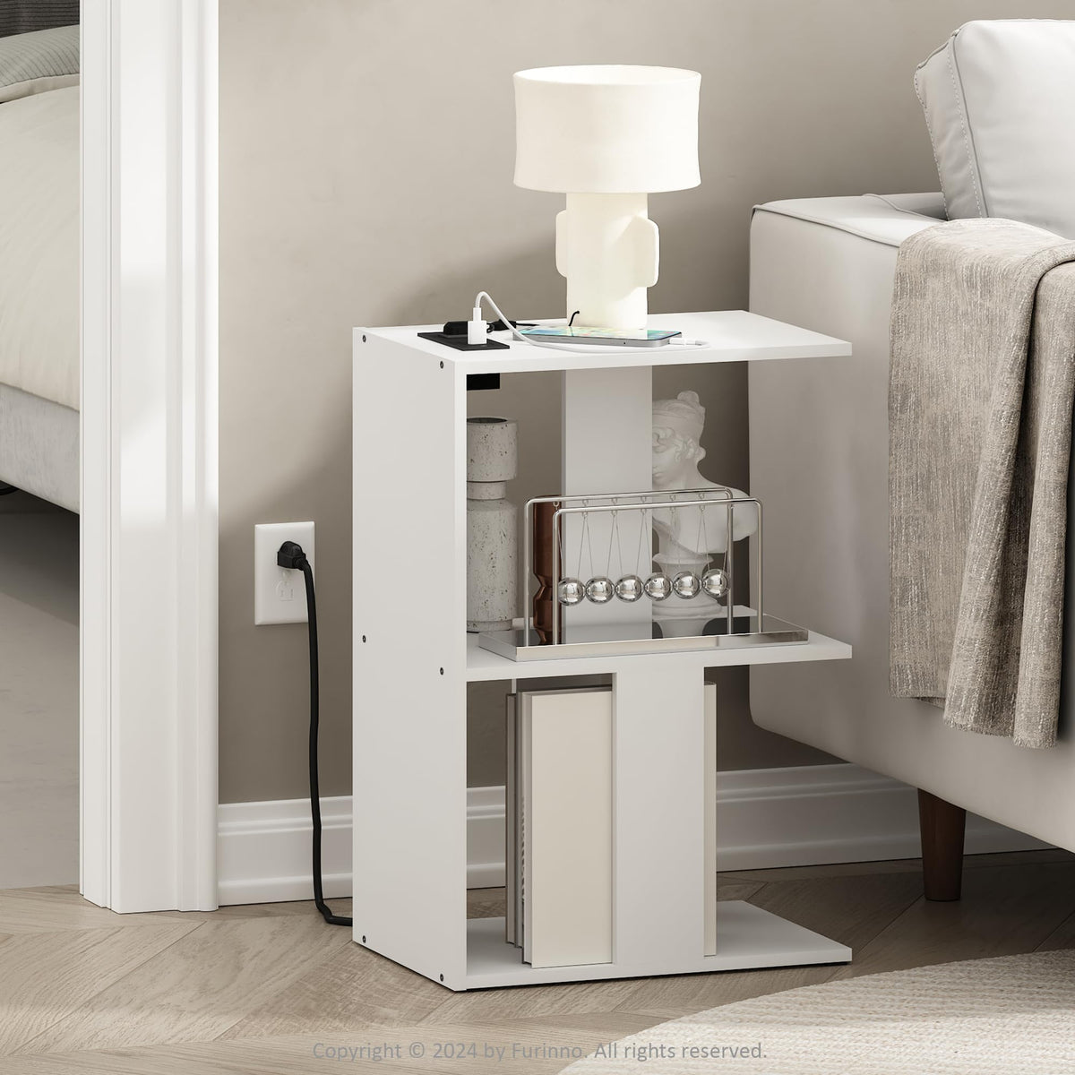 Furinno Boyate Open Storage Sofa Side Table, End Table with USB and Type-C Charging Port, White