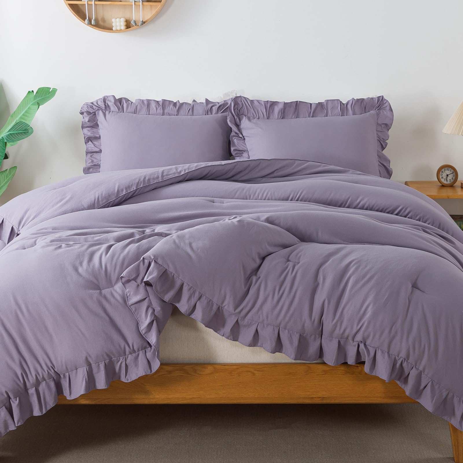 Andency Grayish Lavender Purple Queen Comforter Set, 3 Pieces Solid Ruffle Bedding Comforter Sets For Queen Bed, Lightweight Flu