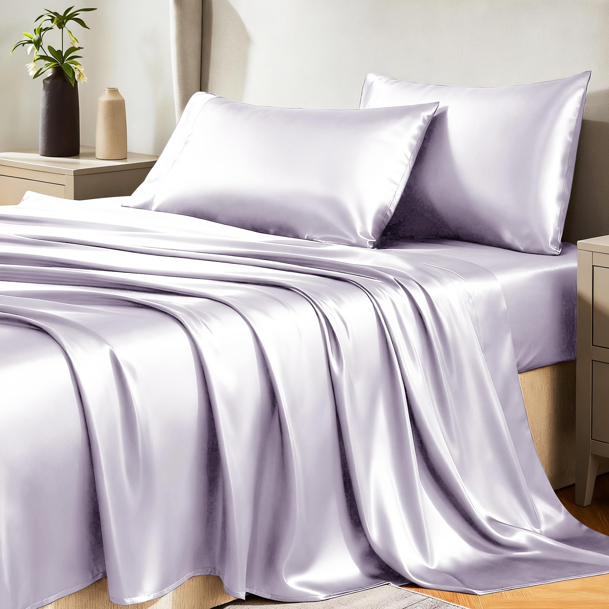 Cozylux Satin Sheets Full Size - 4 Piece Taro Purple Bed Sheet Set With Silky Microfiber, 1 Deep Pocket Fitted Sheet, 1 Flat She