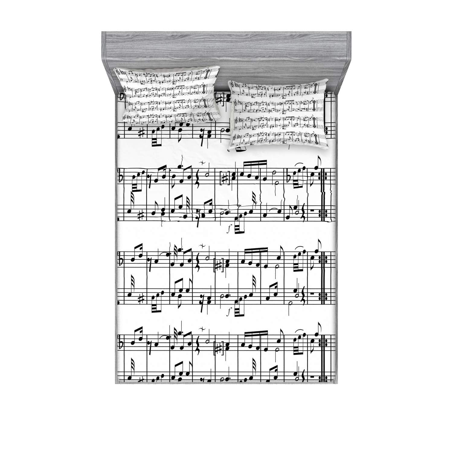 Ambesonne Music Fitted Sheet & Pillow Sham Set, Musical Notes on The Clef Illustration Ornamental Pattern Artwork Print, Decorat