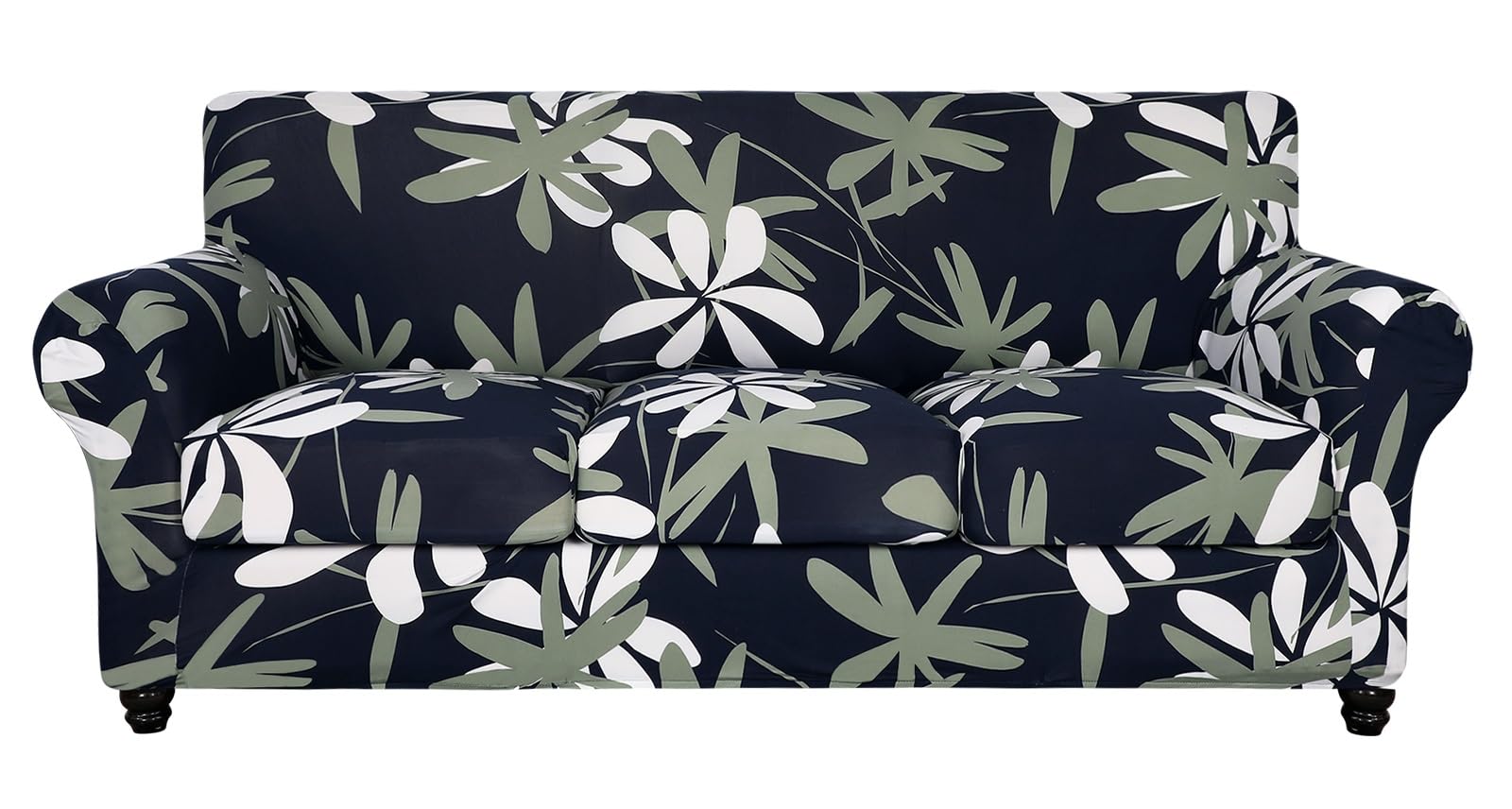 Searchi Stretch Sofa Cover Printed Couch Cover, Floral Pattern 4 Pieces Sofa Slipcover With 3 Separate Cushion Cover, Washable Furniture Protector For Living Room(Sofa, Navy Blue)