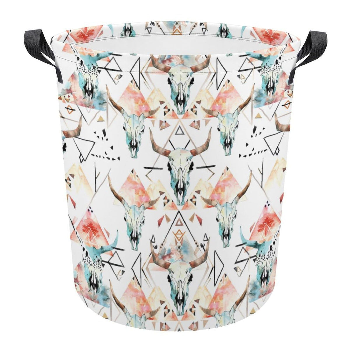 Western Boho Tribal Bull Skull Large Laundry Basket Laundry Hamper Bag Washing Bin Collapsible Tall With Handles Travel Bathroom