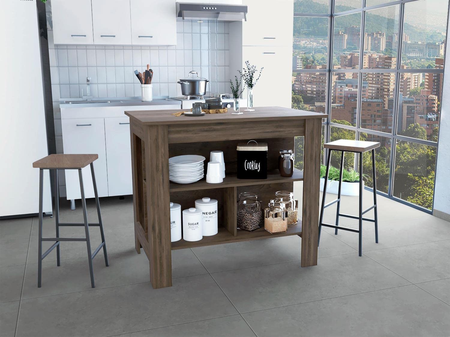 Kitchen Island, Kitchen Table 35" H, 4 Legs, 3 Open Storage Shelves, Dark Brown