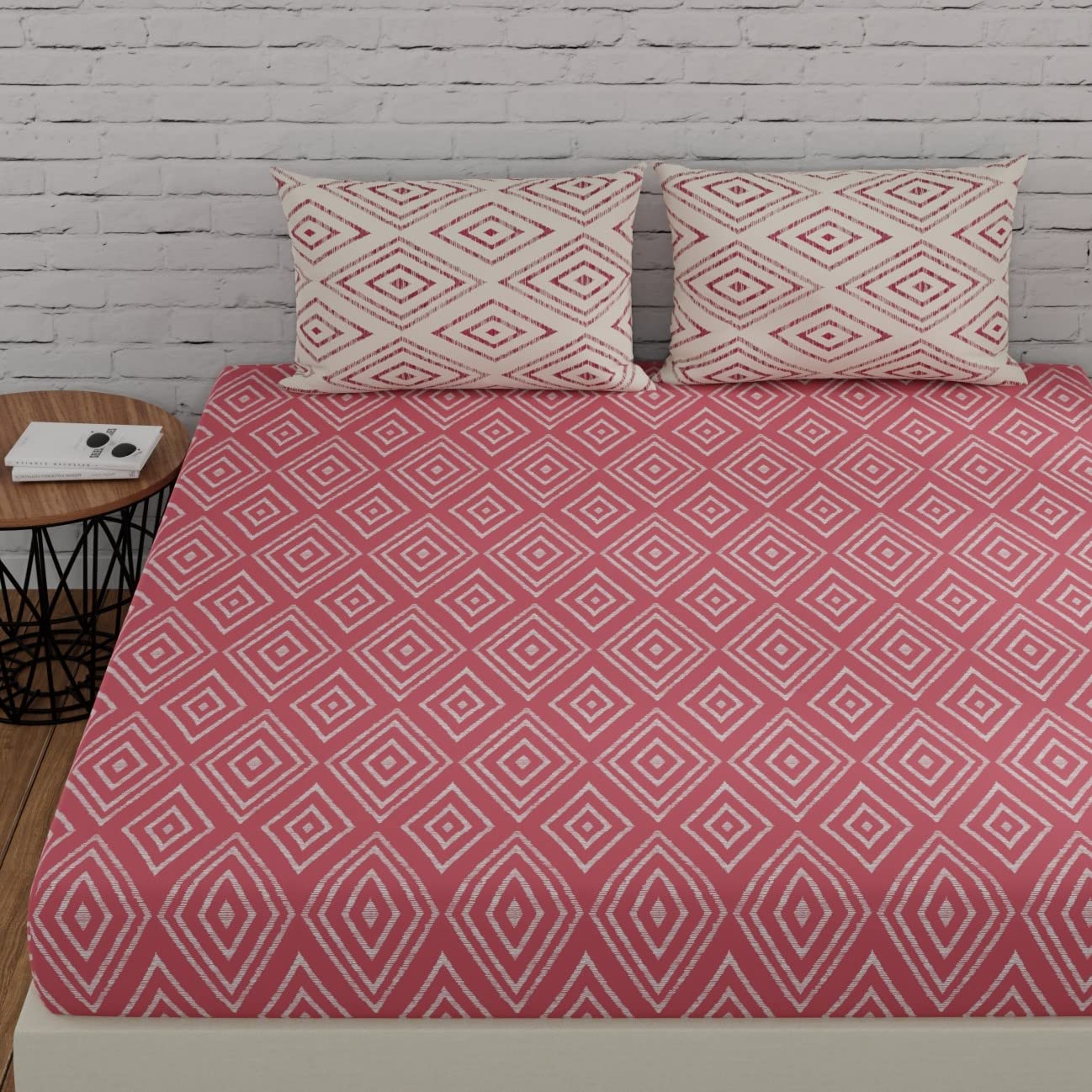 Huesland By Ahmedabad Cotton 144 Tc Cotton Elastic Fitted Bedsheets King Size With 2 Pillow Covers | 72 X 78 Inches | Peach Pink