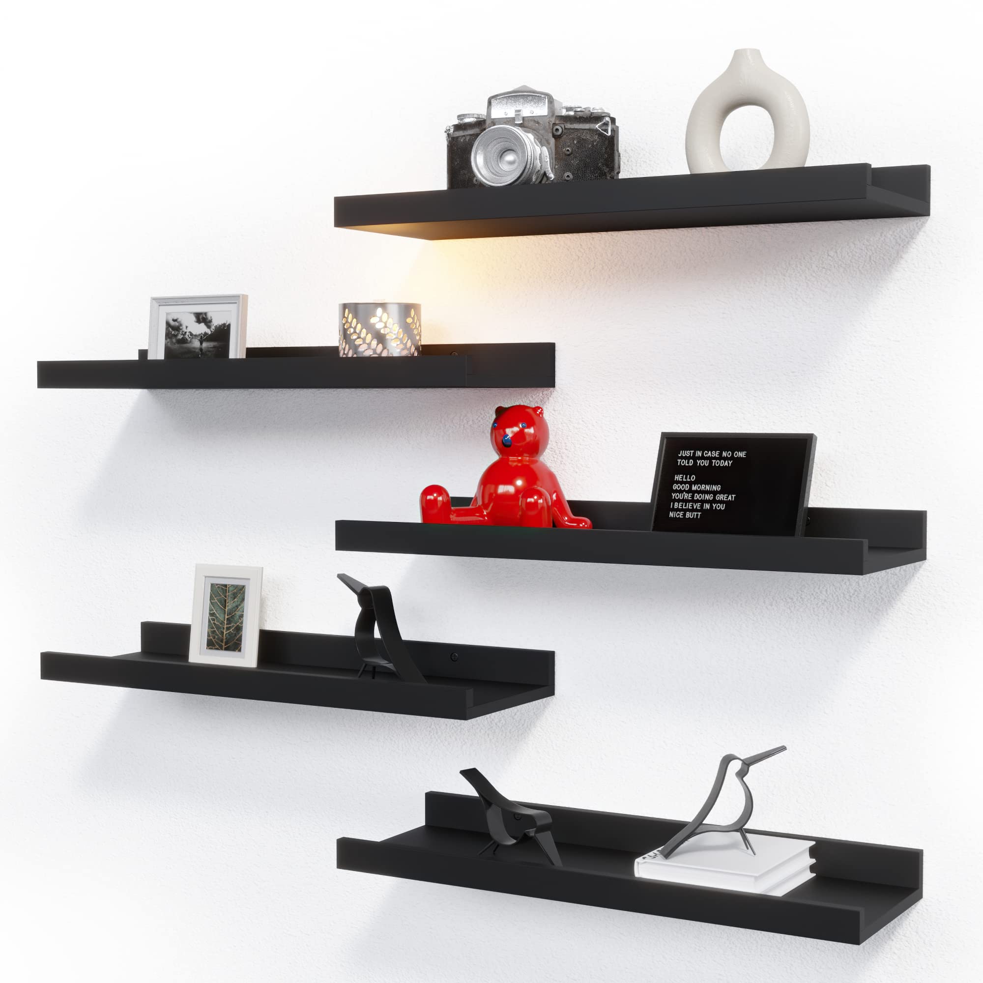 Richer House 5 Set Floating Wall Mounted Shelves, Black Shelves For Wall Decor, Modern Picture Ledge Shelf With Lip For Storage, Nursery, Bedroom, Living Room, Bathroom - Black