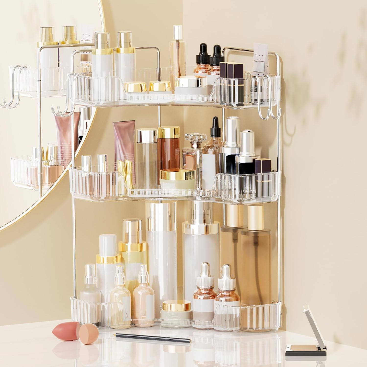Kinkota 3 Tier Corner Bathroom Organizer Countertop, Plastic Bathroom Counter Organizer, Vanity Tray Sink Shelf with Hooks, for 