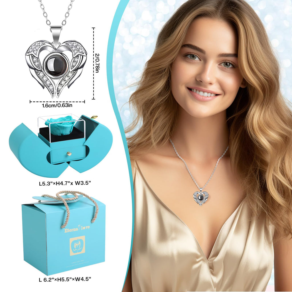 Preserved Real Cyan Rose Gift With I Love You In 100 Languages Necklace, Cute Gifts For Girlfriend, Women, Mom, Wife, Gifts Idea