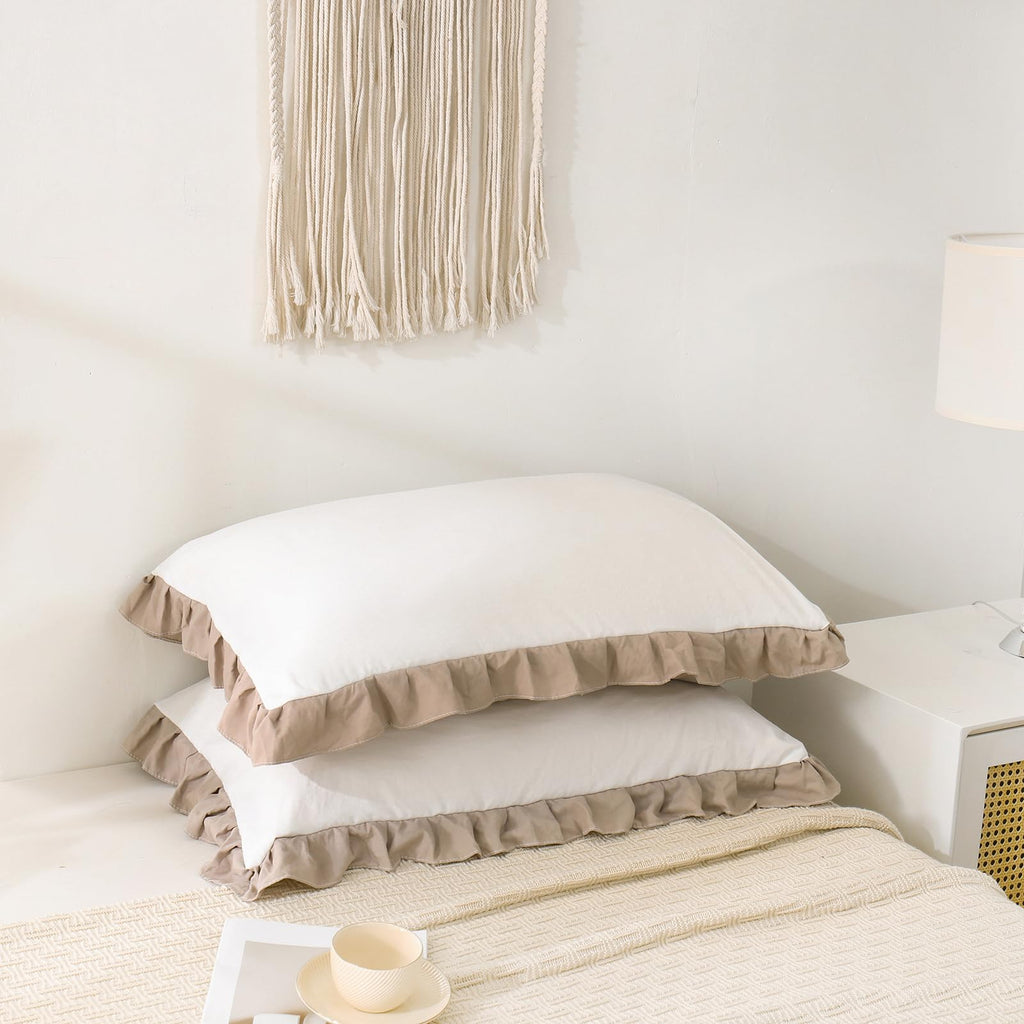Merryword Taupe Pillow Shams White And Taupe Reversible Standard Pillowcases Cute Pillow Cover Set Of 2 Soft Shabby Chic Ruffled