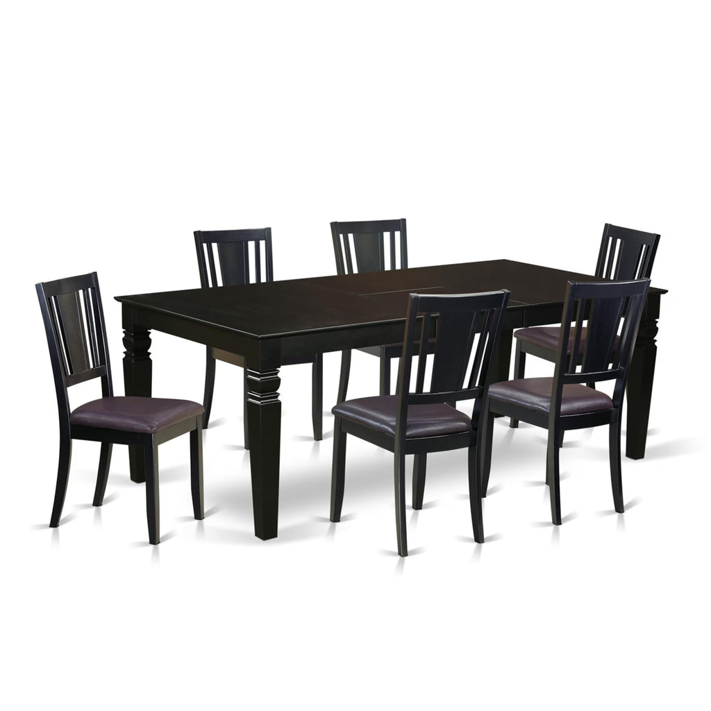 East West Furniture LGDU7-BLK-LC 7 Piece Modern Dining Table Set Consist of a Rectangle Wooden Table with Butterfly Leaf and 6 Faux Leather Dining Room Chairs, 42x84 Inch, Black