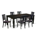 East West Furniture LGDU7-BLK-LC 7 Piece Modern Dining Table Set Consist of a Rectangle Wooden Table with Butterfly Leaf and 6 Faux Leather Dining Room Chairs, 42x84 Inch, Black