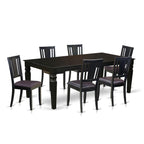 East West Furniture LGDU7-BLK-LC 7 Piece Modern Dining Table Set Consist of a Rectangle Wooden Table with Butterfly Leaf and 6 Faux Leather Dining Room Chairs, 42x84 Inch, Black