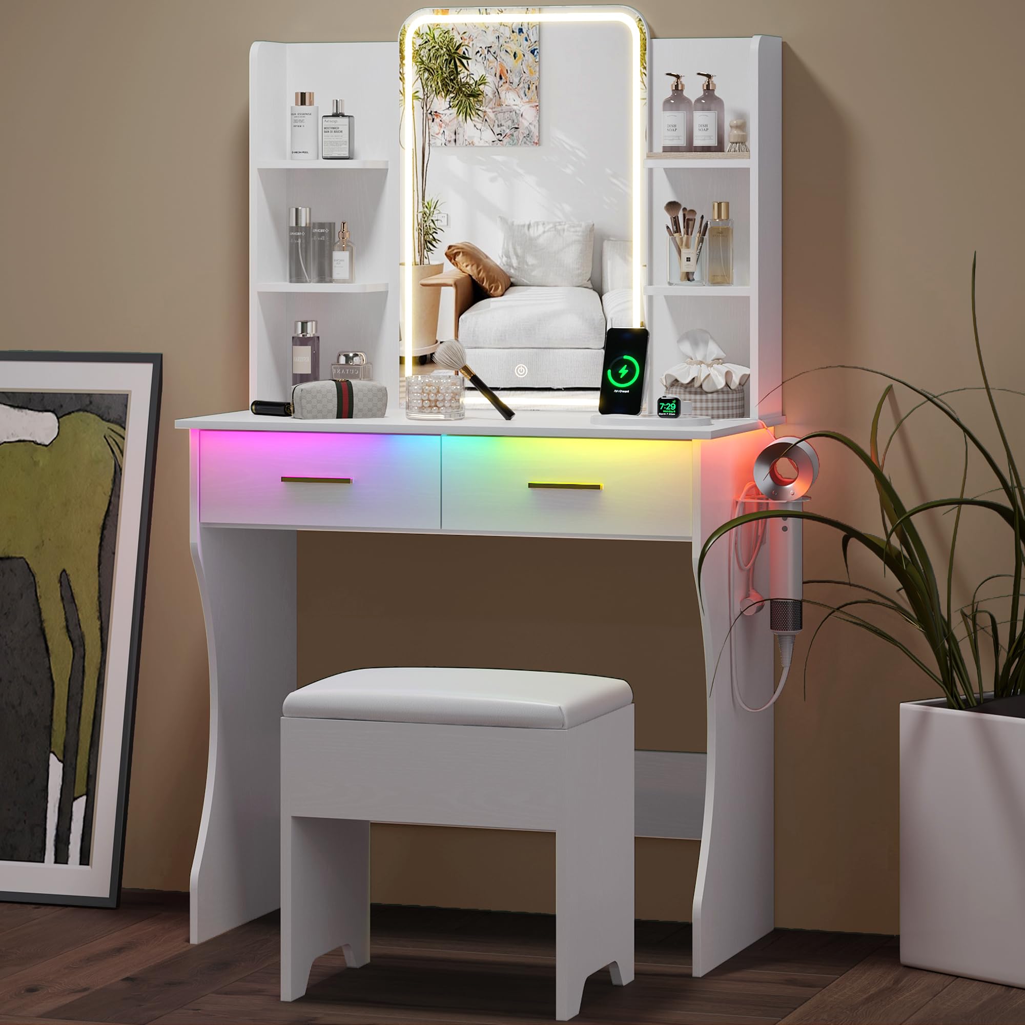 Small Vanity Desk with Mirror and Lights, Makeup Vanity with LED Lights, White Vanity Mirror with Lighted Desk and Chair, 3 Ligh