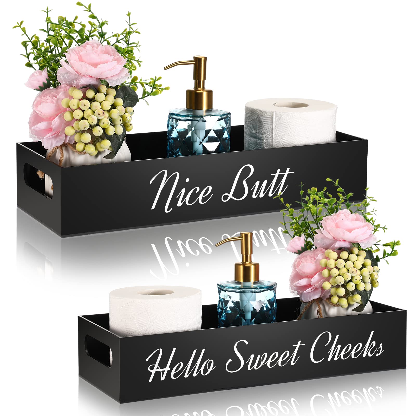 Acrylic Bathroom Tray for Counter Toilet Paper Basket 2 Side with Funny Saying Hello Sweet Cheeks Bathroom Box Black Toilet Tank