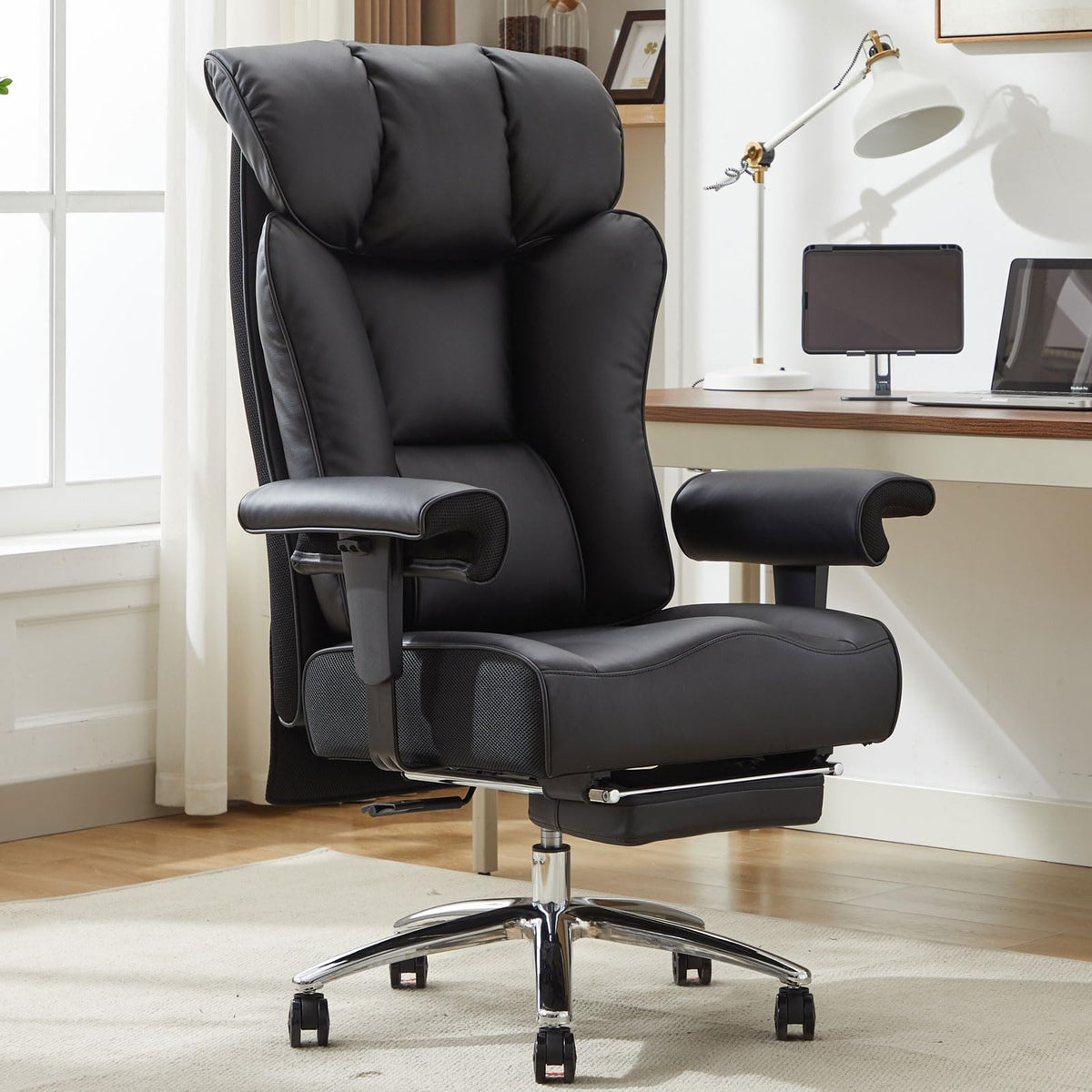 Efomao Desk Office Chair 400Lbs, Big And Tall Office Chair, Pu Leather Computer Chair, Executive Office Chair With Foot Rest, Light Pink Office Chair