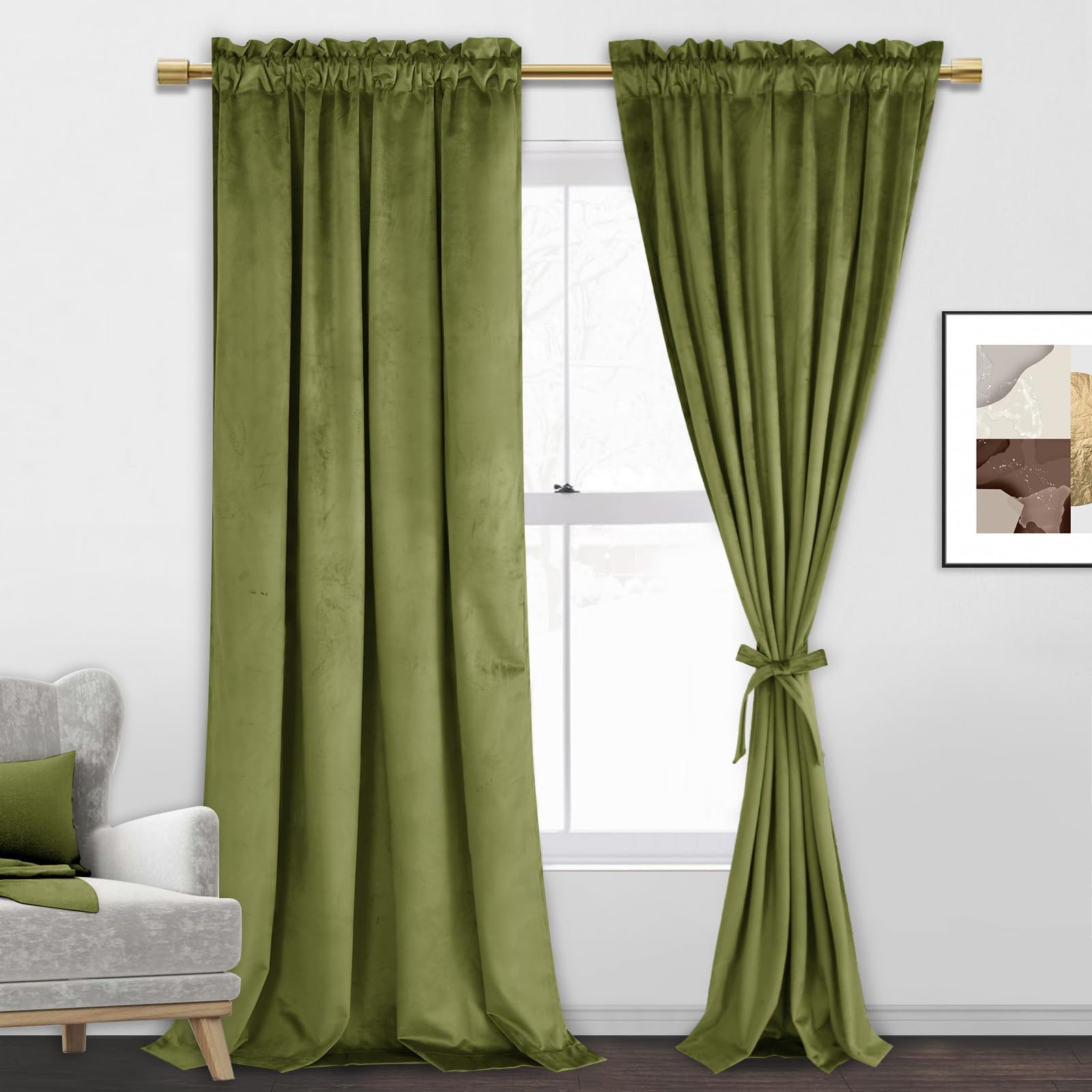 Jiuzhen Moss Green Velvet Curtains 108 Inches For Living Room Thermal Insulated Blackout Velvet Drapes Room Darkening Window Tre